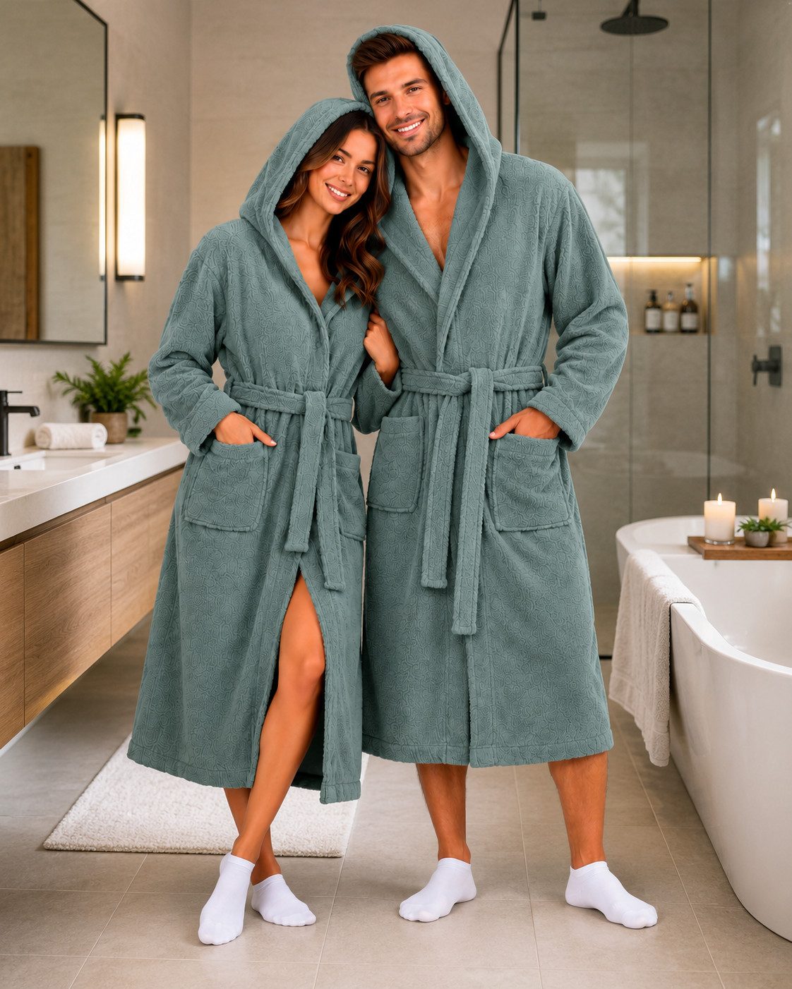 VelunaHome Bademantel Premium Bademantel mit Kapuze - Damen & Herren - 100% Baumwolle - Grau