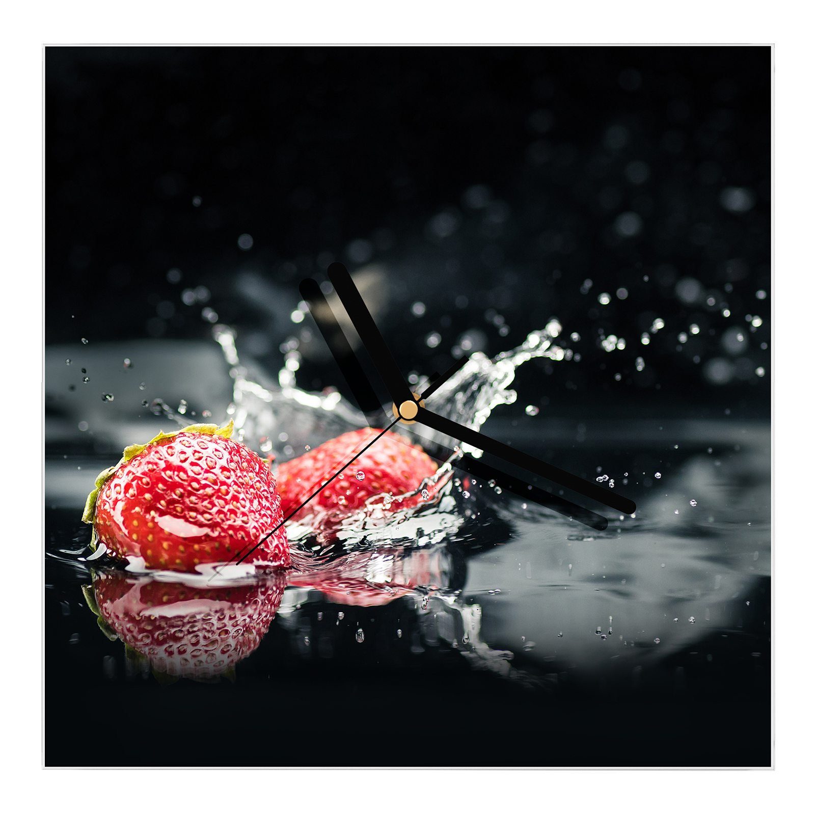Motiv Erdbeeren 30 Größe Wanduhr Glasuhr Splash im mit Wasser x Wandkunst Primedeco 30 Wanduhr cm