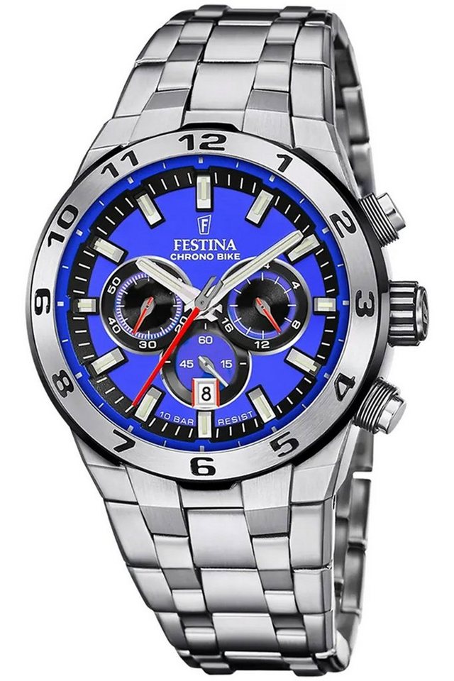 Festina Quarzuhr Chronograph Stahl/Blau, Wasserdicht bis 10 bar