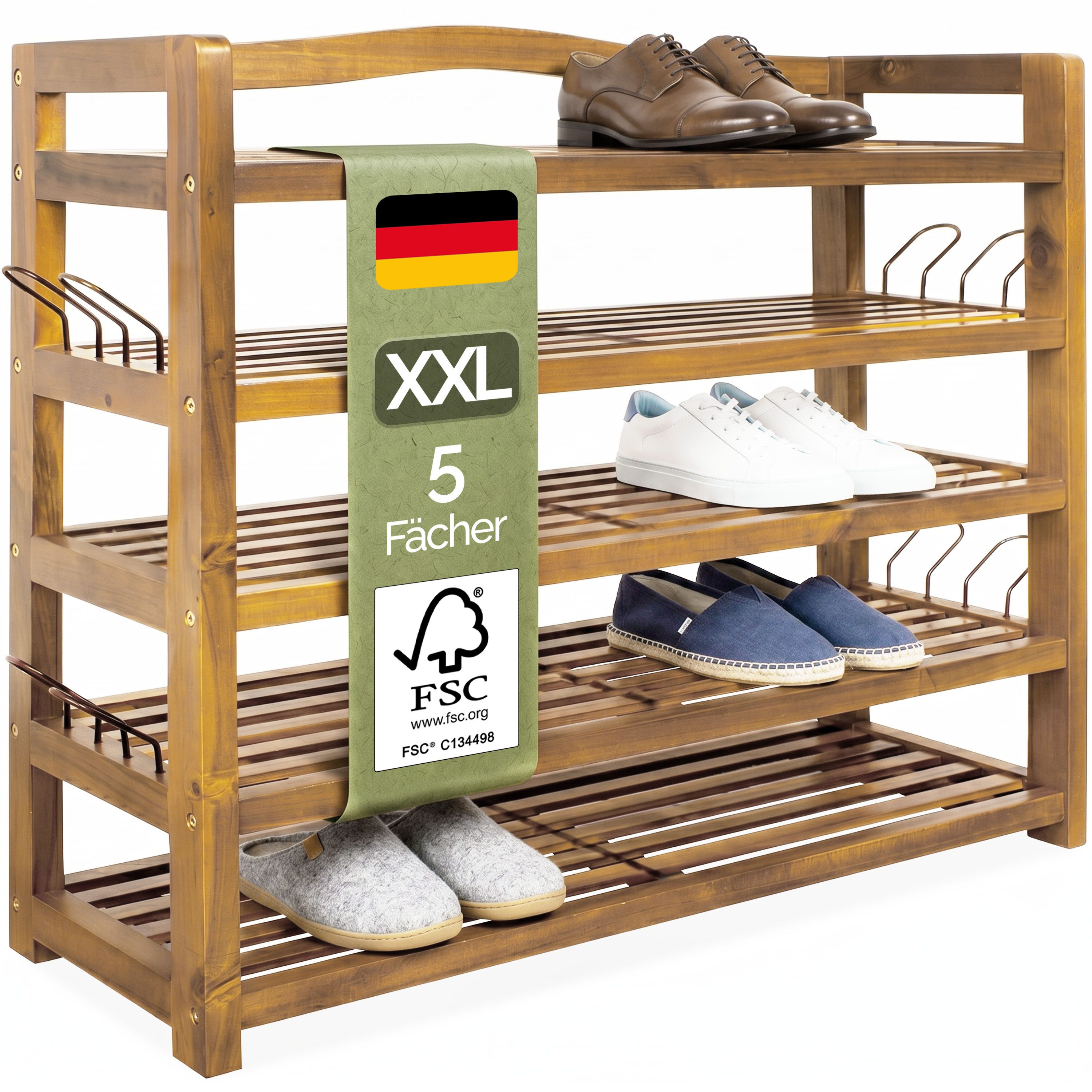 Casaria Schuhregal, mit 5 Ebenen 95x26x82cm FSC®-Zertifiziert Akazien Holz Bad Diele Flur