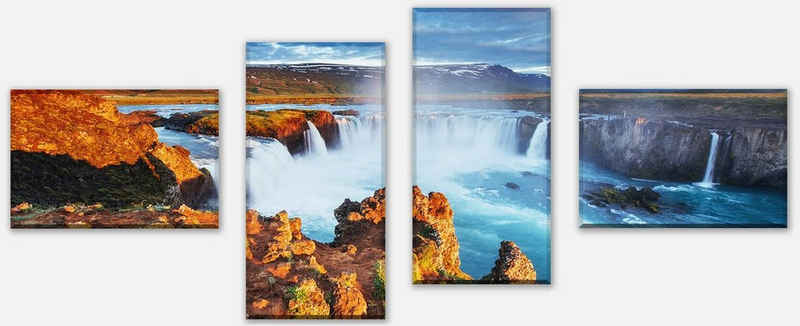 wandmotiv24 Mehrteilige Bilder Godafoss-Wasserfall bei Sonnenuntergang, Island, Landschaft (Set, 4 St), Wandbild, Wanddeko, Leinwandbilder in versch. Größen