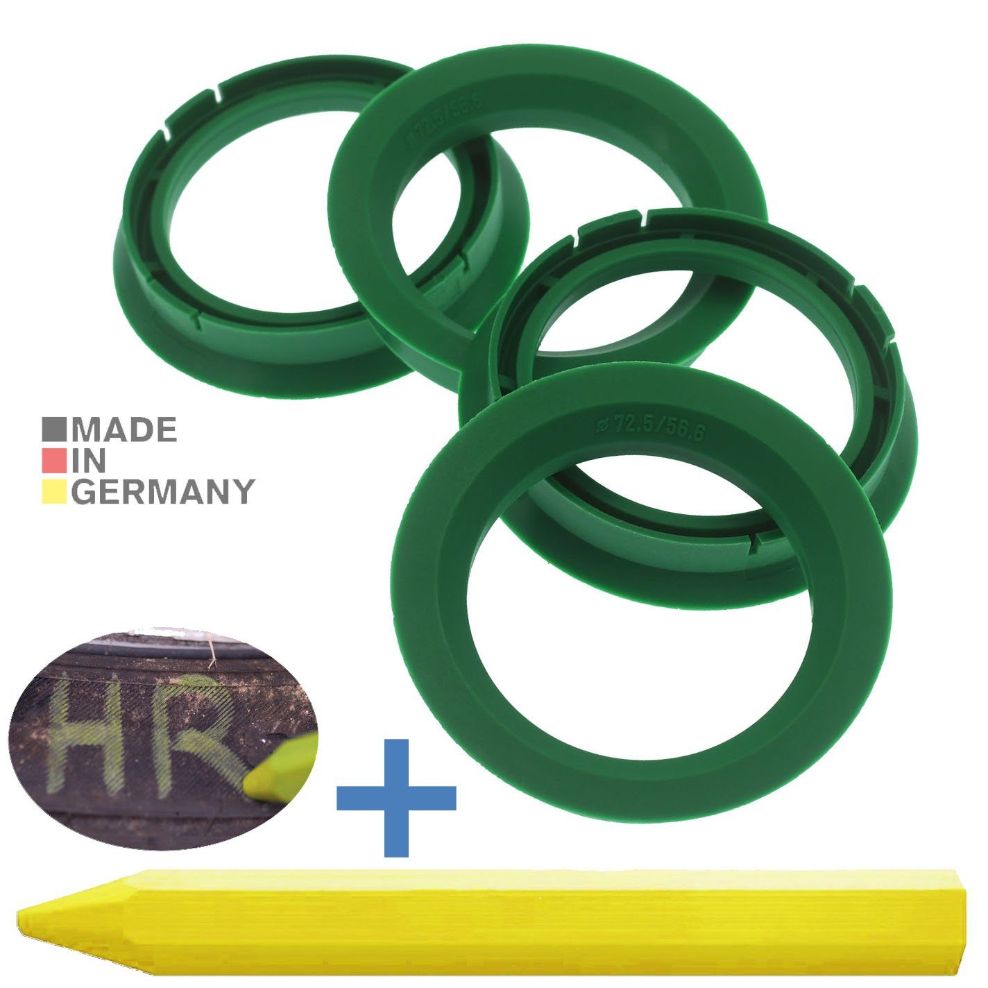 RKC Reifenstift 4X Zentrierringe Grün Felgen Ringe + 1x Reifen Kreide Fett  Stift, Maße: 72,5 x 56,6 mm