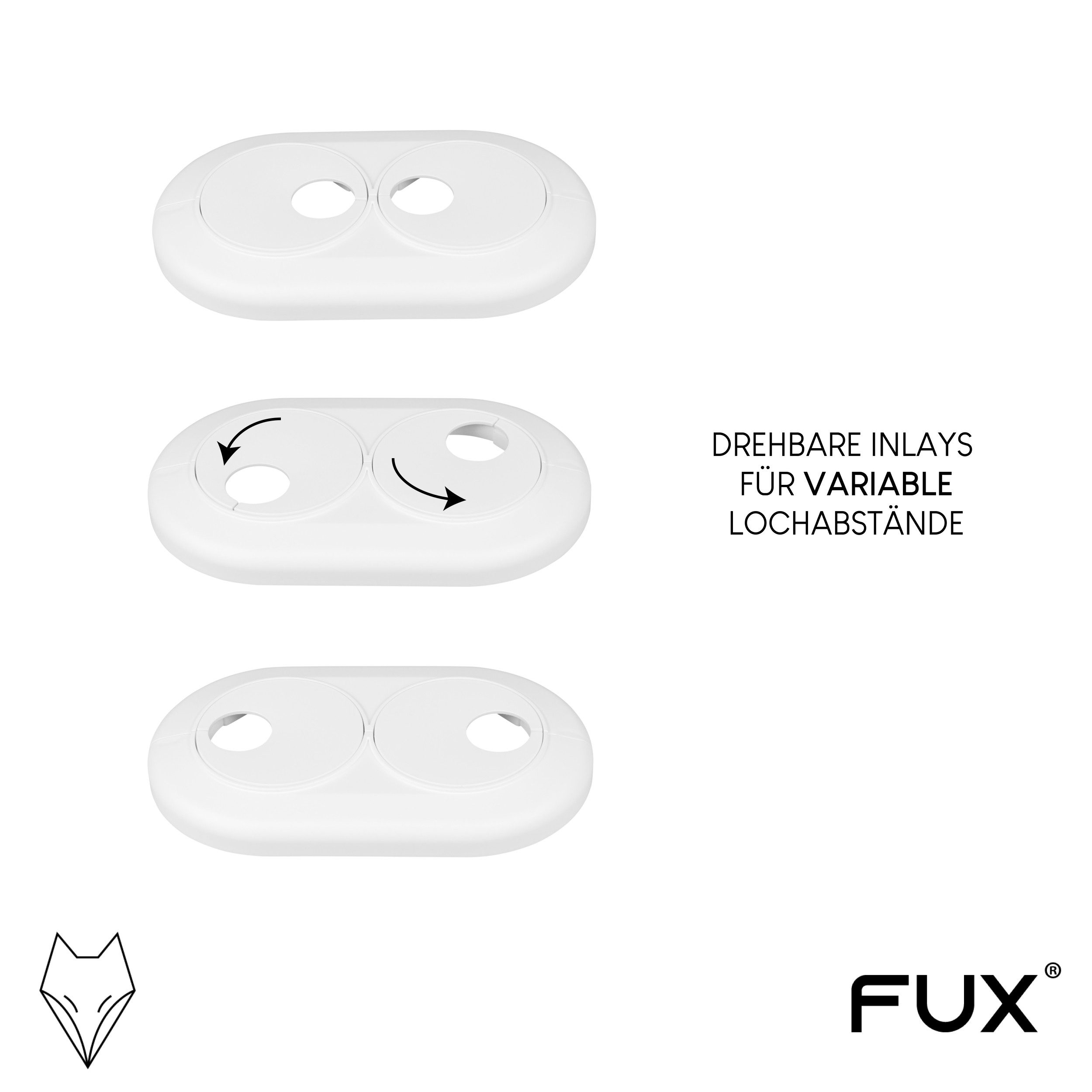 FUX Heizungsverkleidung Doppel Heizungsrohr Rosette, Rohrabstand variabel, Rohrabdeckung, Zubehör für Heizkörper, Abdeckungen Heizungsrohr