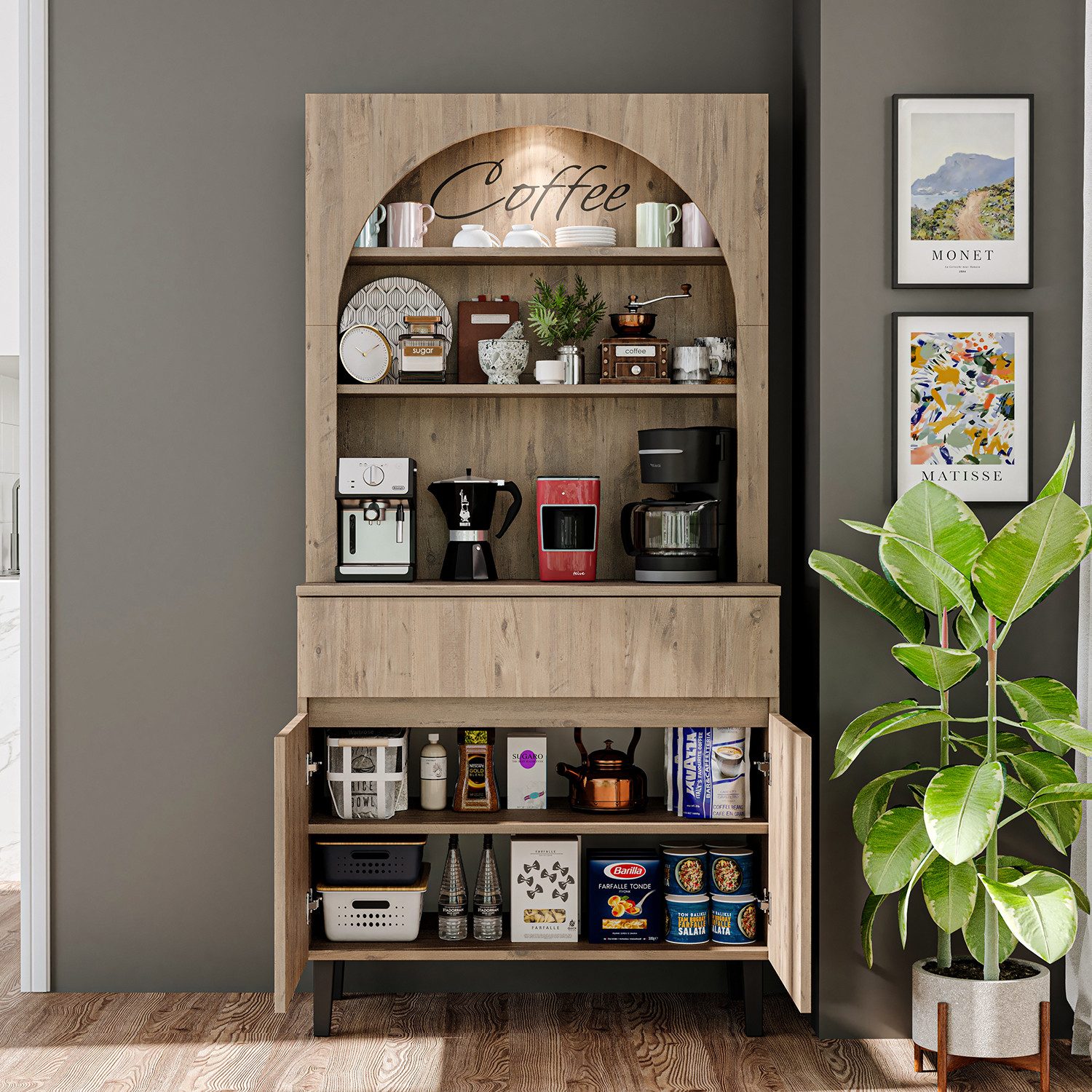 Roomart Küchenregal VENEDIK Küchenschrank 90 cm, Buffet, Schublade in 4 Farben, mit Beleuchtung, offene Nische, Schublade, Einlegeböden in 4 Farben – Bild 2 von 5