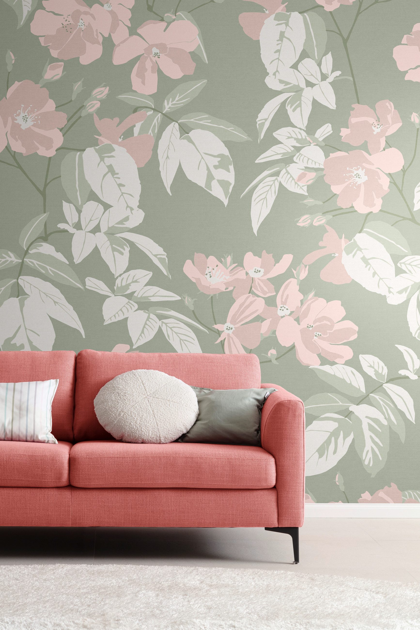 Rasch Fototapete Blätter, Blüten, Ranken & Zweige - Vliestapete Grün, floral, bedruckt, (1 Rolle, 1 St., Kollektion 'SCHÖNER WOHNEN "Cosy Living"' - 3 m x 2,65 m), Lichtbeständige Farben - Feucht abwischbar - Restlost abziehbar