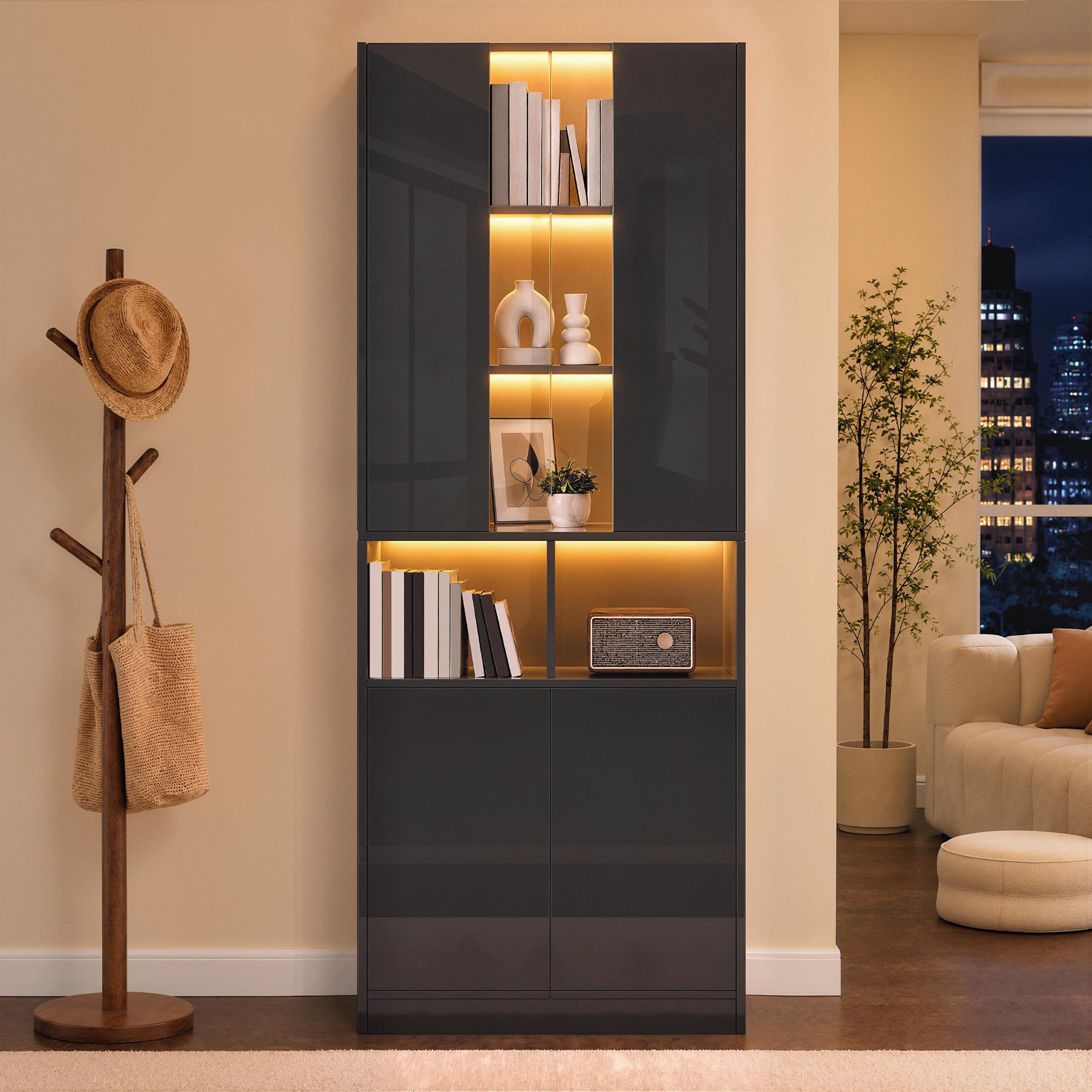 Merax Vitrine mit LED-Beleuchtung inkl.APP, 70Lx35Bx180Hcm (1-St., Wohnzimmerschrank Flurschrank Schlafzimmerschrank) mit Acryl-Sichtfenster,Doppeltüren,verstellbarem Einlegeboden,Stauraum