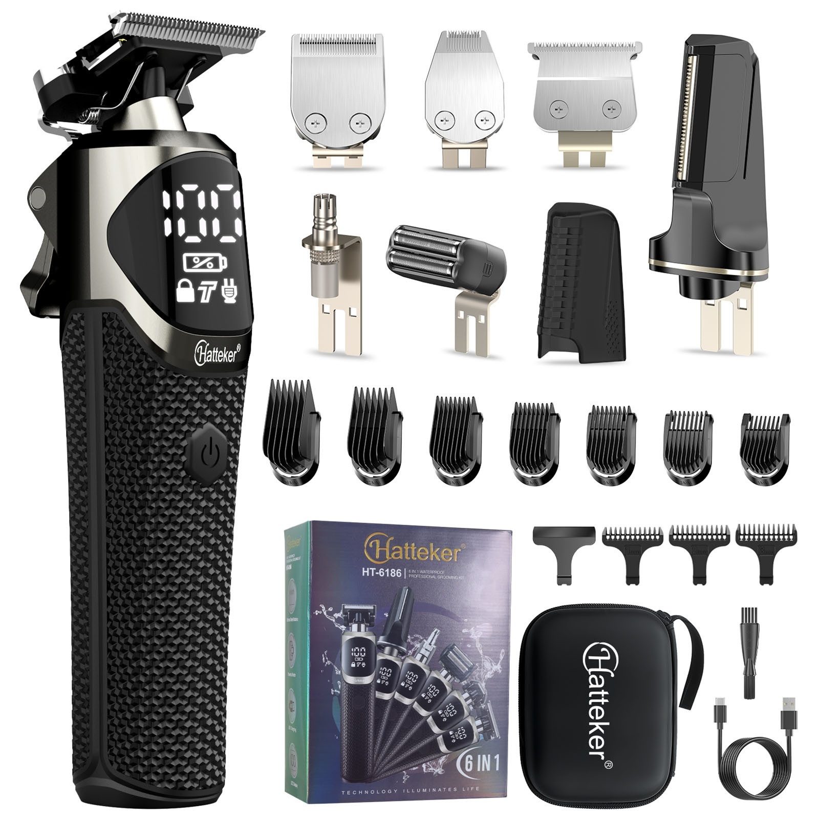 HATTEKER Haarschneider HT-6186, Barttrimmer, Rasierer, Nasenhaartrimmer, Bodygroomer, Multifunktionales Herren-Pflegeset 6-in-1