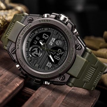 findtime Fur Herren Sport Uhren Militär Outdoor Große Smartwatch (2.09 Zoll), Armbanduhr Digital Analog Zwei Zeitzonen LED Kalender Männer Jungen