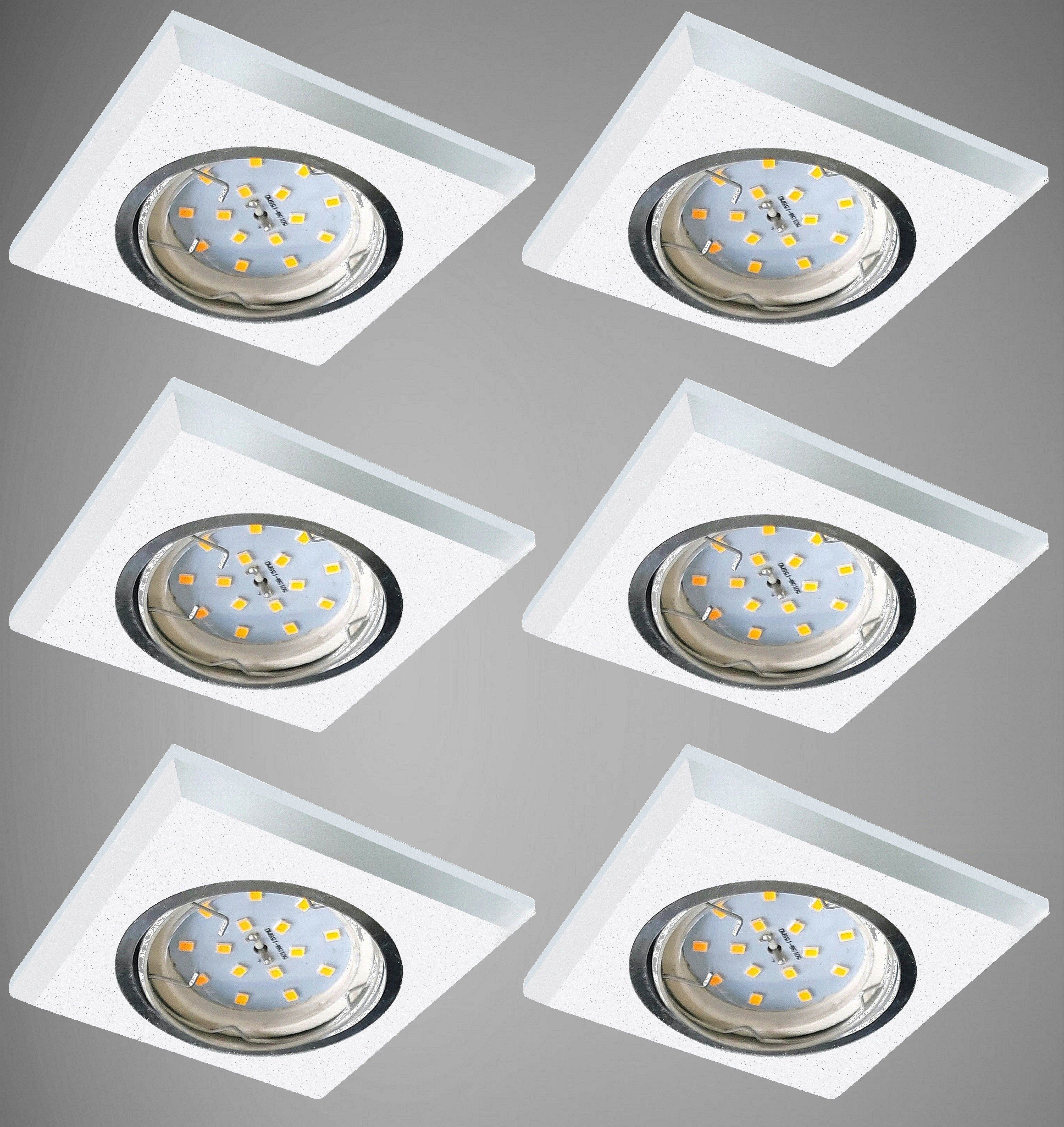 TRANGO LED Einbauleuchte, dimmbar, 6er Set 6729(S)-06MOSD *CRYSTAL* LED Deckenstrahler aus satiniertem Glas & Alu inkl. 6x 3-Stufen dimmbar Ultra Flach LED Modul, 3000K warmweiß, Einbauspot, Deckenleuchte, Einbaustrahler