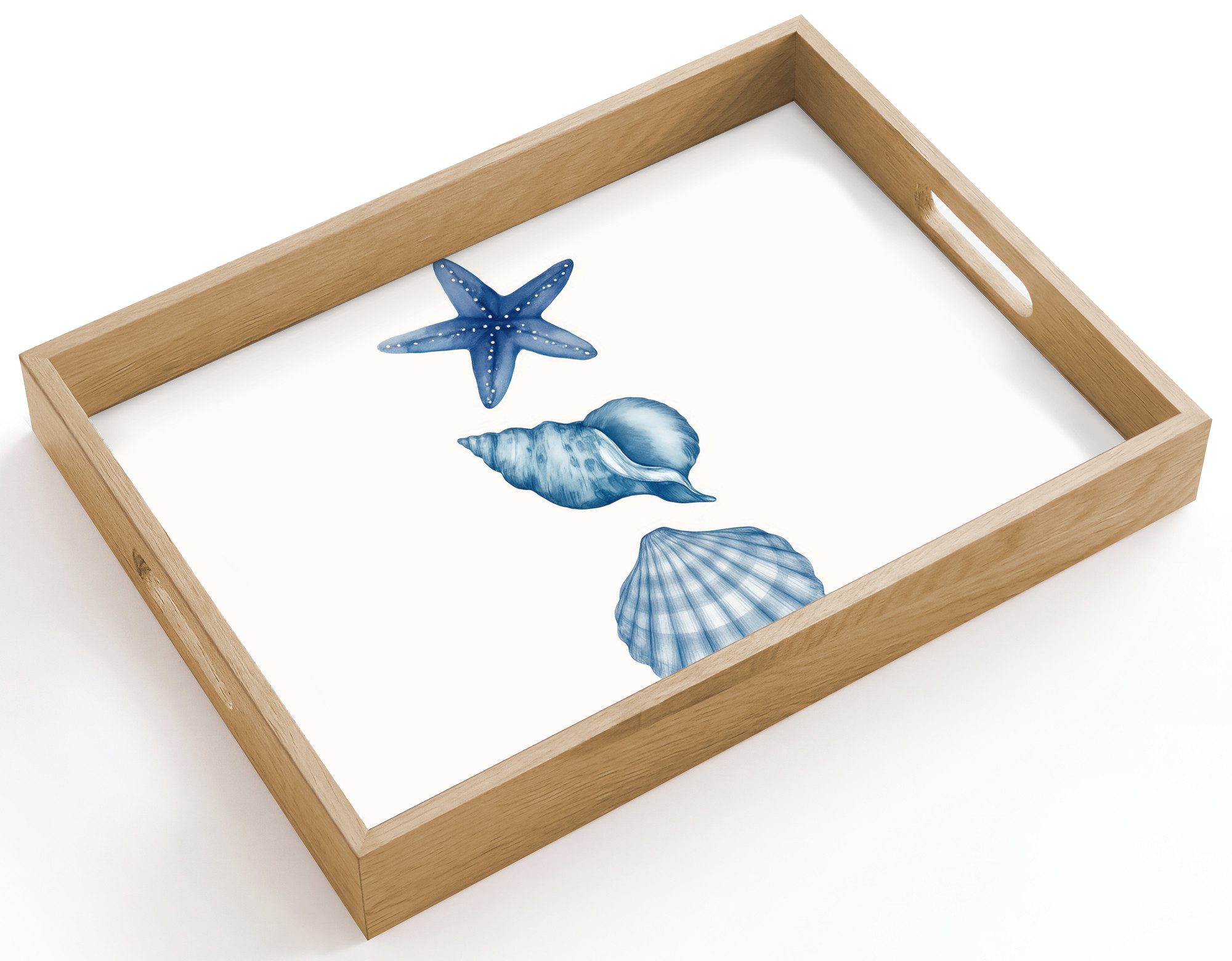 OnlyWow Tablett Rechteckig mit Henkel Seestern - Muscheln - Blau, Eichenholz, (1-tlg), Siervierplatte, Tray, Frühstücksbrett