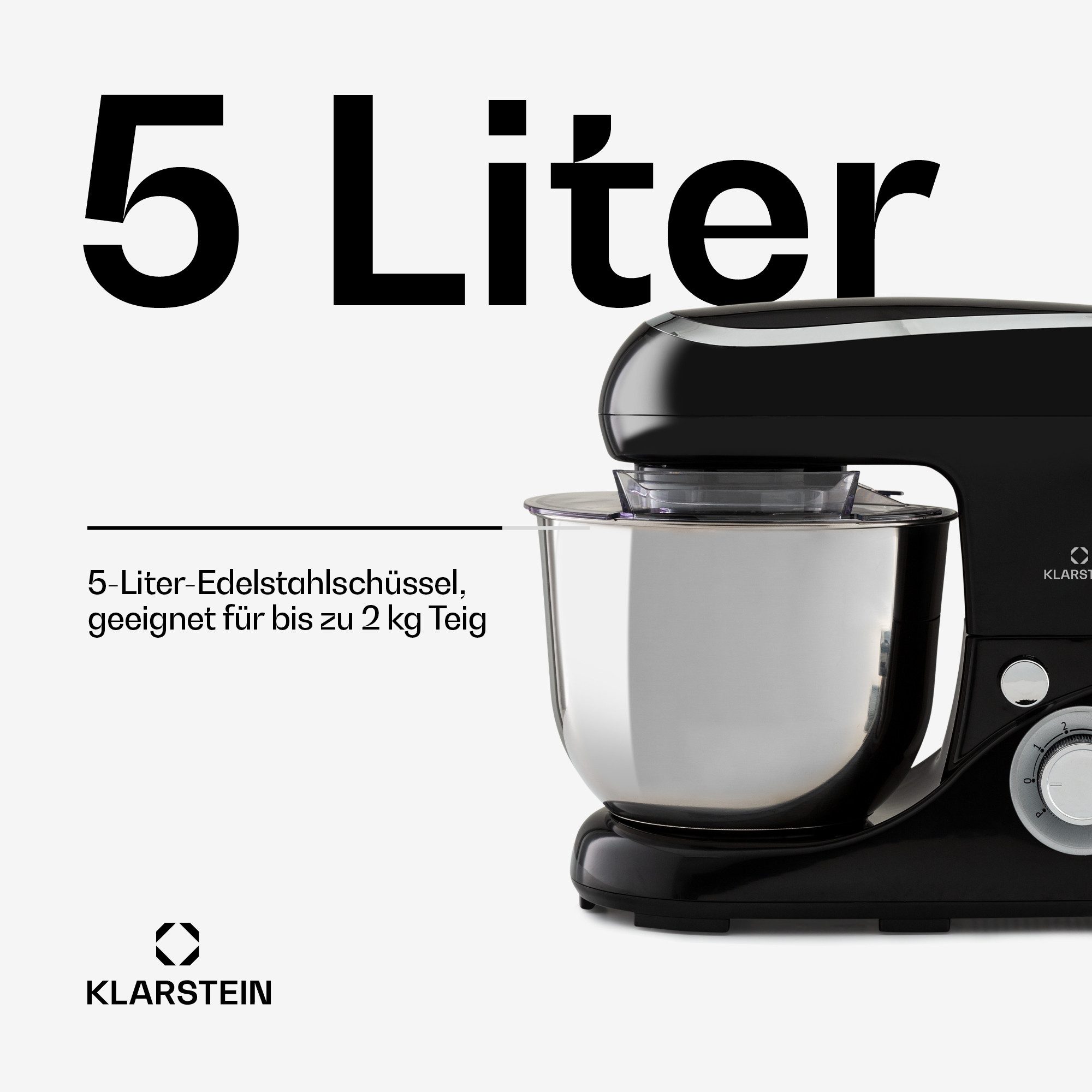 Klarstein Küchenmaschine Bella Pico 2G Küchenmaschine 1300W 1,7PS 6 Stufen 5L Edelstahl ABS, 1300 W, 5 l Schüssel, Knetmaschine Teigmaschine Teigknetmaschine Rü – Bild 4 von 5