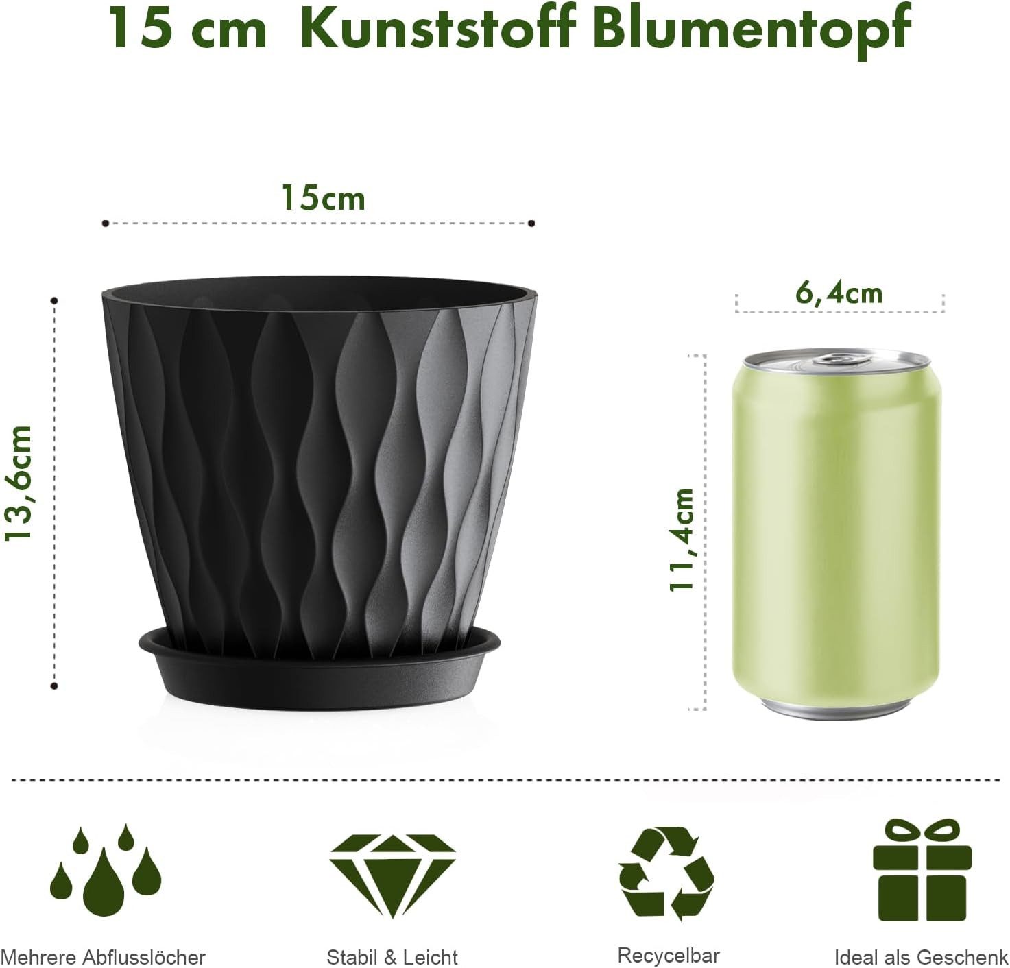 ibettertec Pflanzkübel 15 cm Blumentopf Pflanztopf, 5er Set Dick Kunststoff Pflanztöpfe (3D-Wellentextur Übertopf für Einblatt, Efeutute & Innen Außen Pflanzen, – Bild 2 von 5