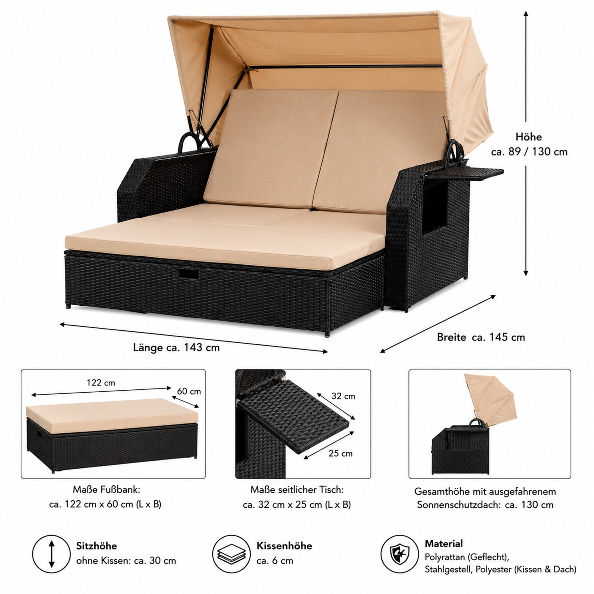 Mucola Strandkorb Strandkorb Sonnenliege Sonnenbett mit Dach aus Polyrattan Relaxliege, BxTxH: 145,00x143,00x130,00 cm, (Stück, 1-tlg), Sonnenschutzdach