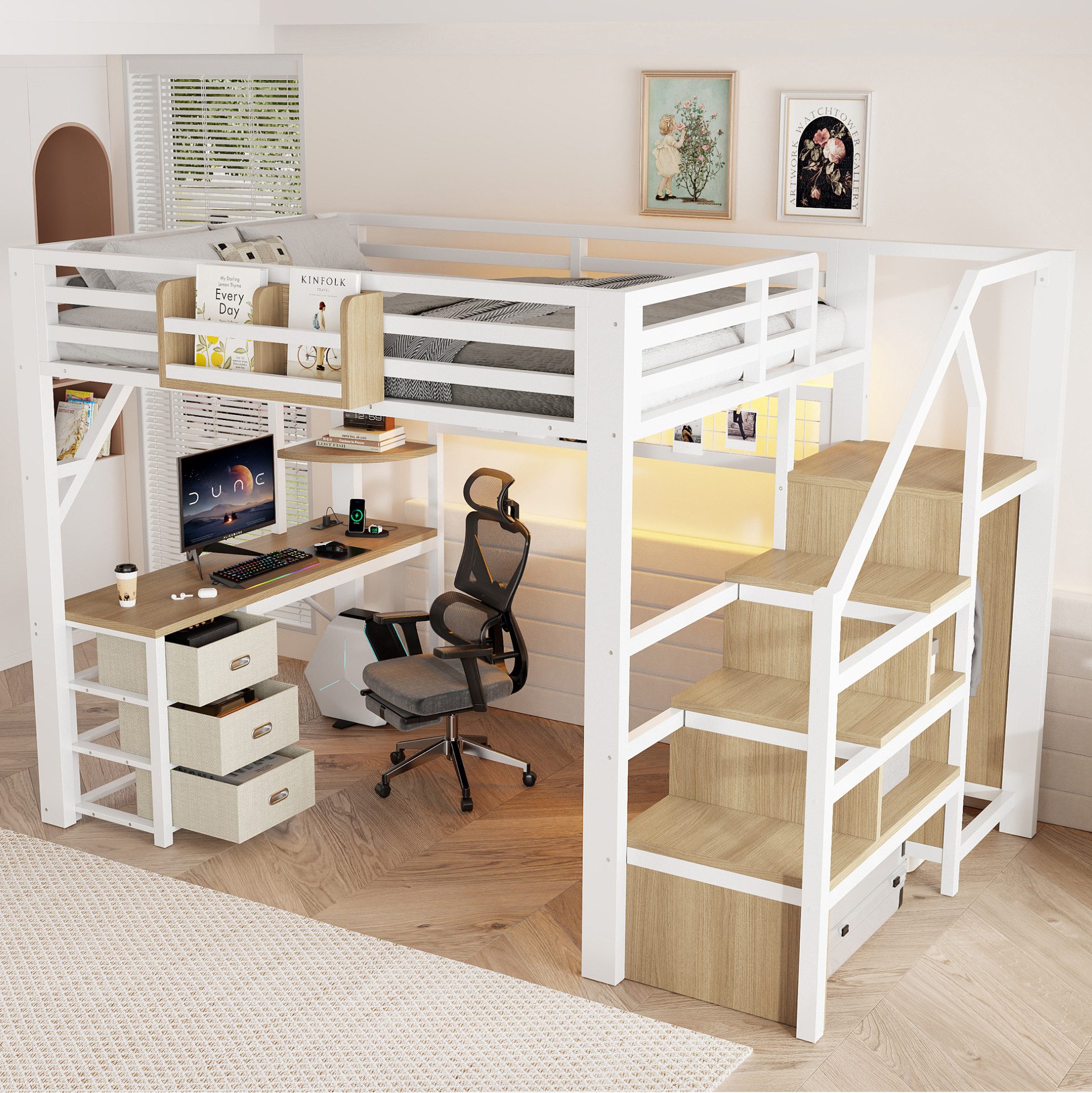 MODFU Hochbett Schlafbett mit Schreibtisch, Stauraumfächern und Schrankelement (Packung, 1-St., Bettgestell aus Metall mit Schubladen für Kinderzimmer Nutzung) 140x200cm Metallbett Aufbau Weiß mit LED Beleuchtung ohne Matratze