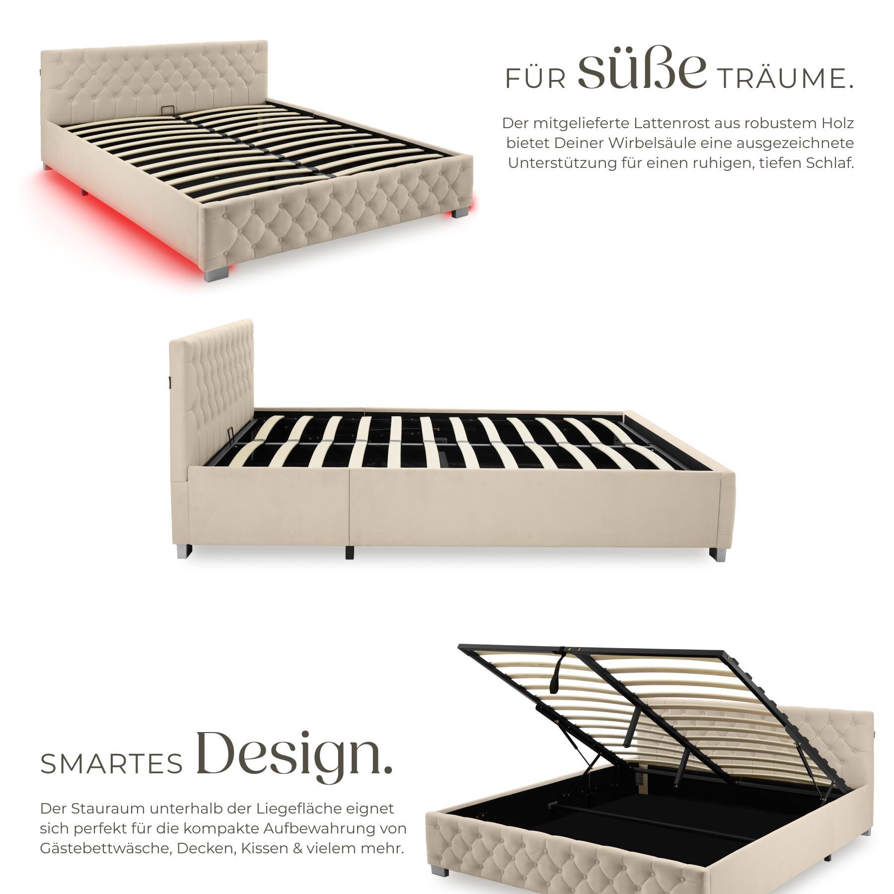 tectake Polsterbett Komfortbett mit LED-Leisten & Stauraum - Samtoptik mit Steppmuster (Bettset, in Samtoptik Sand), stabiler Stahlrahmen, Belastbarkeit 300 kg – Bild 5 von 5