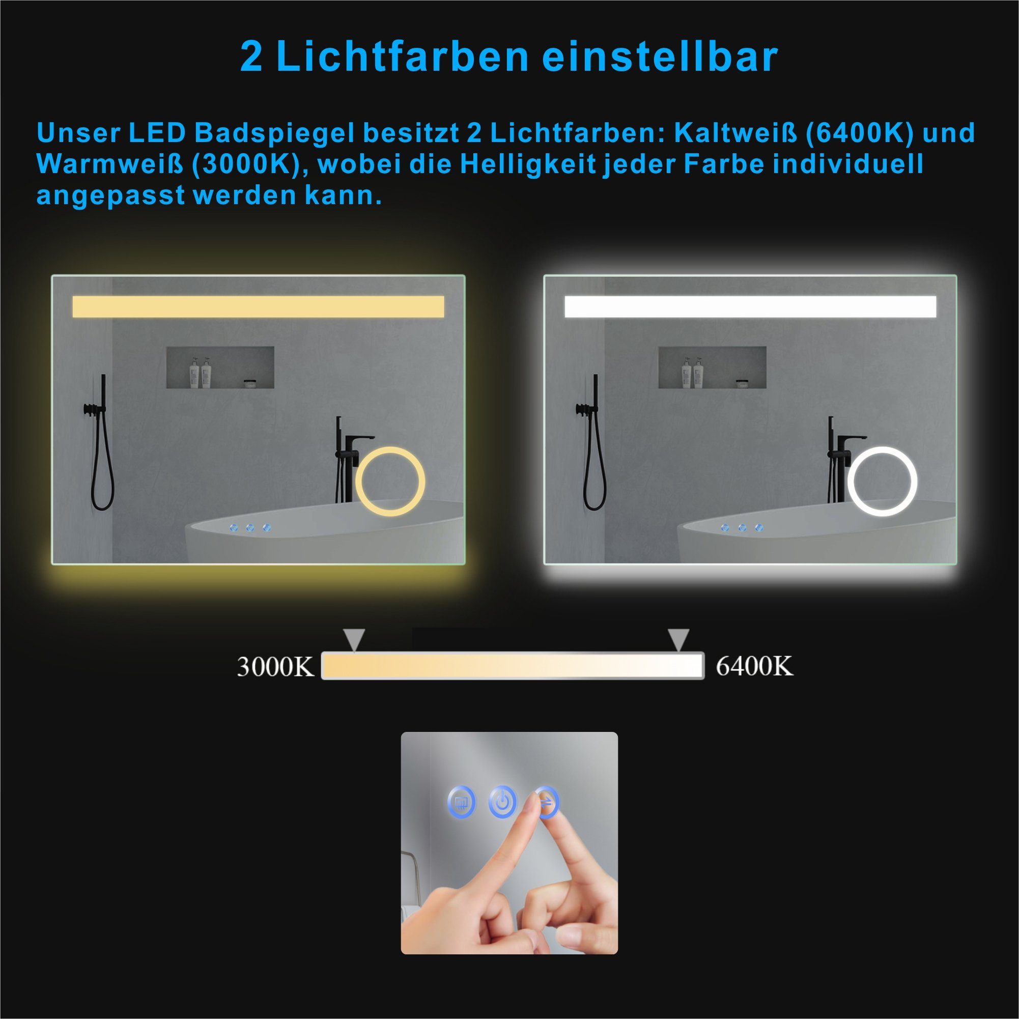 Badspiegel Lichtspiegel, mit Beleuchtung Beleuchtung, 3000K AQUALAVOS Kaltweiß&Warmweiß Kosmetikspiegel LED Antibeschlage Badspiegel Touch-Schalter 6400K Dimmbar