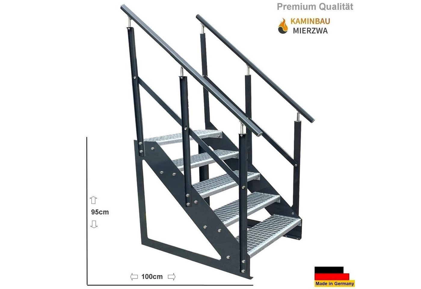 Thumbnail - Kaminbau Mierzwa Außentreppe Premium Treppe Anthrazit mit oder ohne Geländer, für Geschosshöhen bis 95.00 cm, Stufen Git...