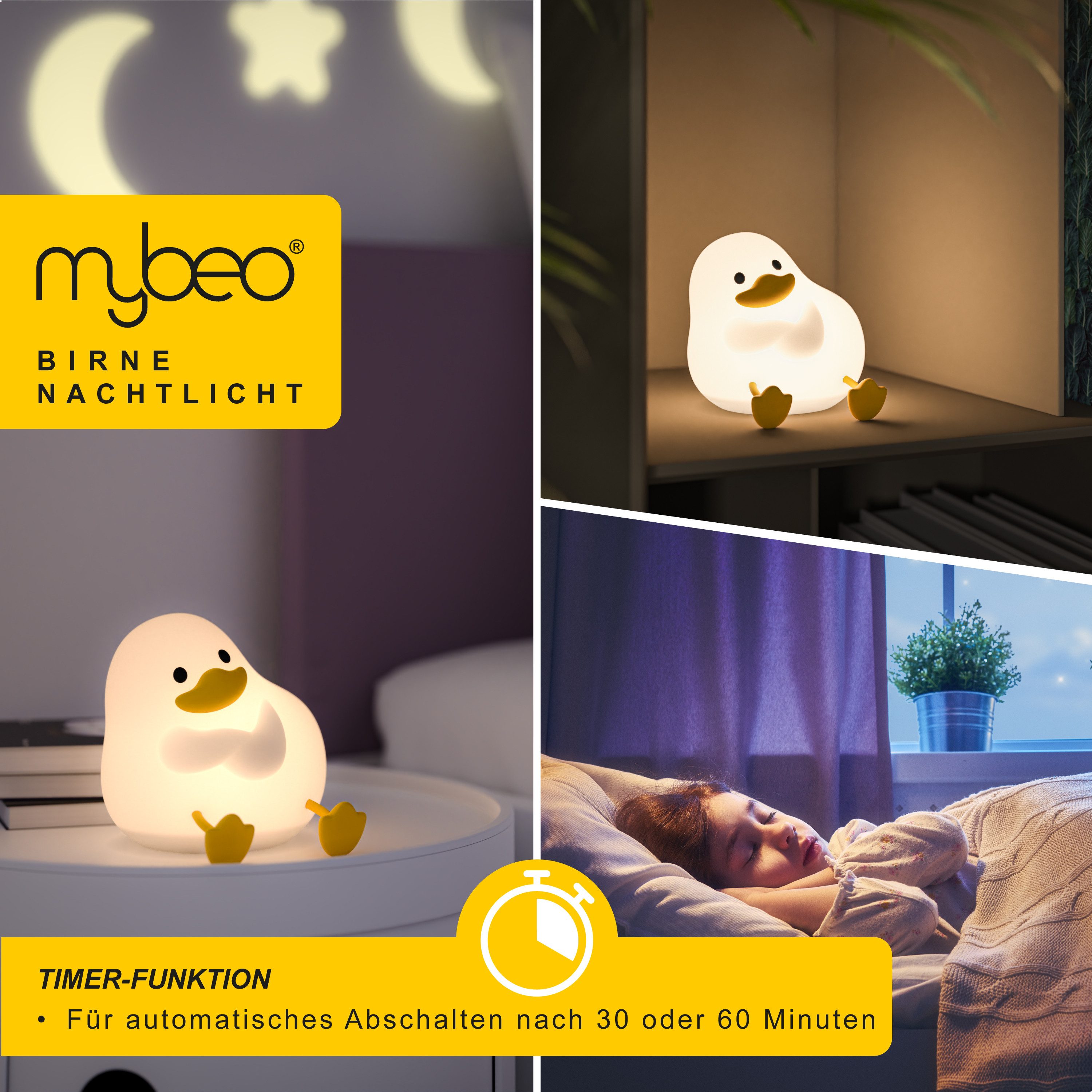 MyBeo LED Nachtlicht für Babys und Kinder, dimmbar, Nachtleuchte mit RGB Farbwechsel, Akku, Dimmfunktion; Farbwechsel; mehrere Helligkeitsstufen; Nachtlichtfunktion, LED fest integriert, Extra-Warmweiß, Farbwechsler, sitzende Ente, Einschlafhilfe, Timer 30/60 Min, 3 Helligkeitsstufen