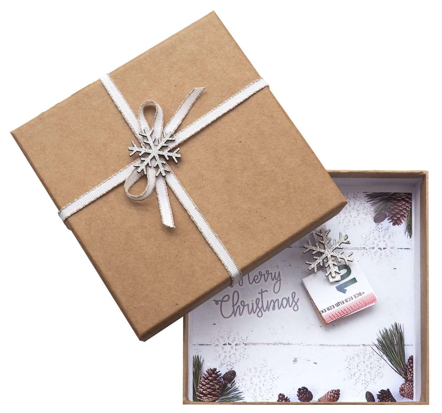 ZauberDeko Geschenkbox Geldgeschenk Verpackung Weihnachten Schneeflocke Silber Weiß Natur