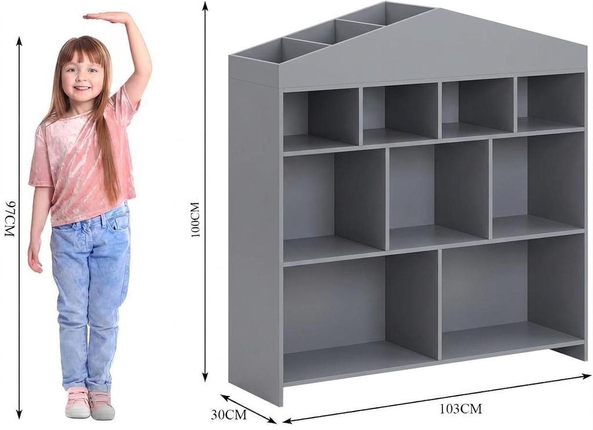 GarveeMore Kinderregal Kinder Bücherregal mit 9 Ablagefächern Puppenhaus Bücherregal