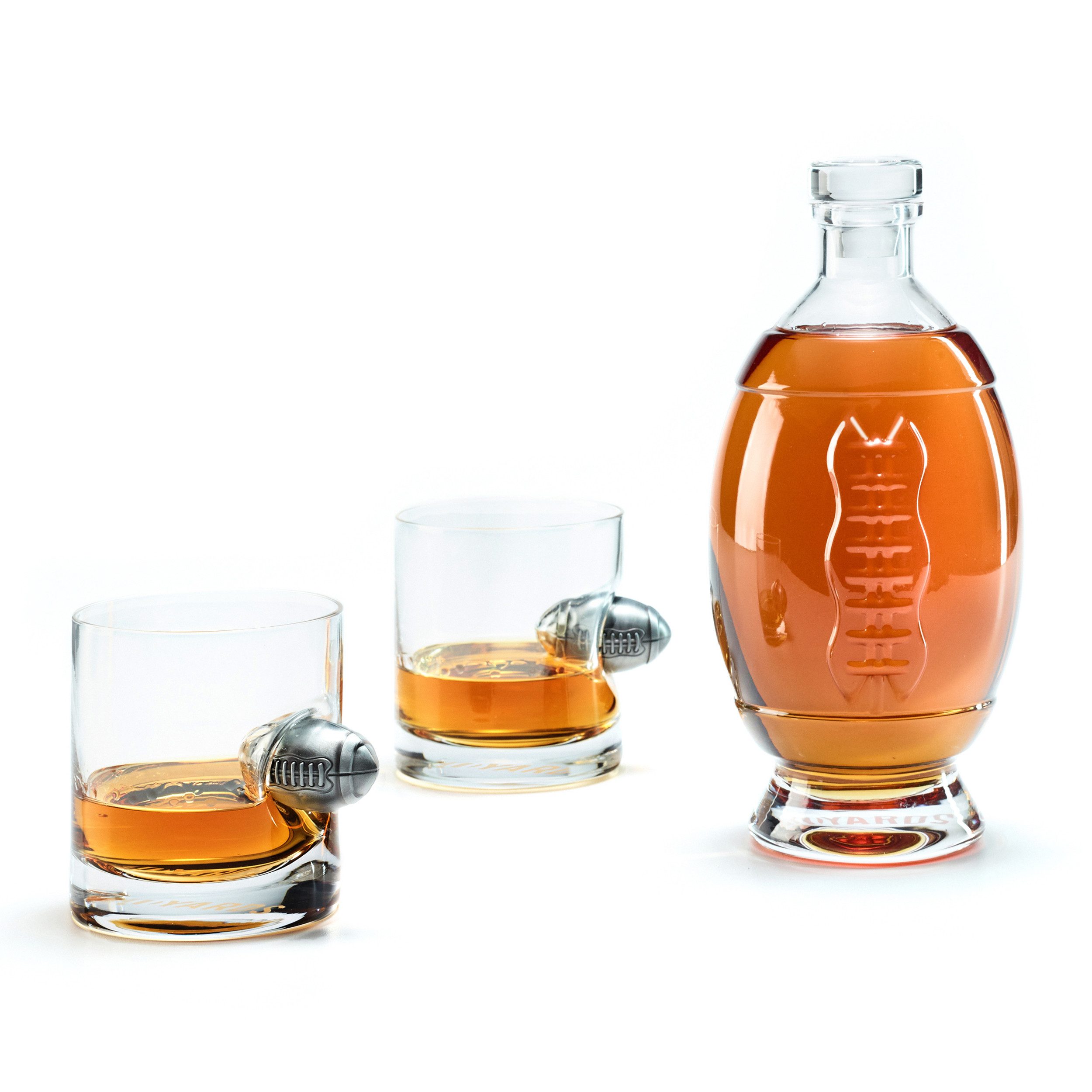 40YARDS Gläser-Set American Football Whisky Set: 2x Whisky Gläser + Dekanter, Glas, Whisky Gläser mit Metall Football + Dekanter in Football Form