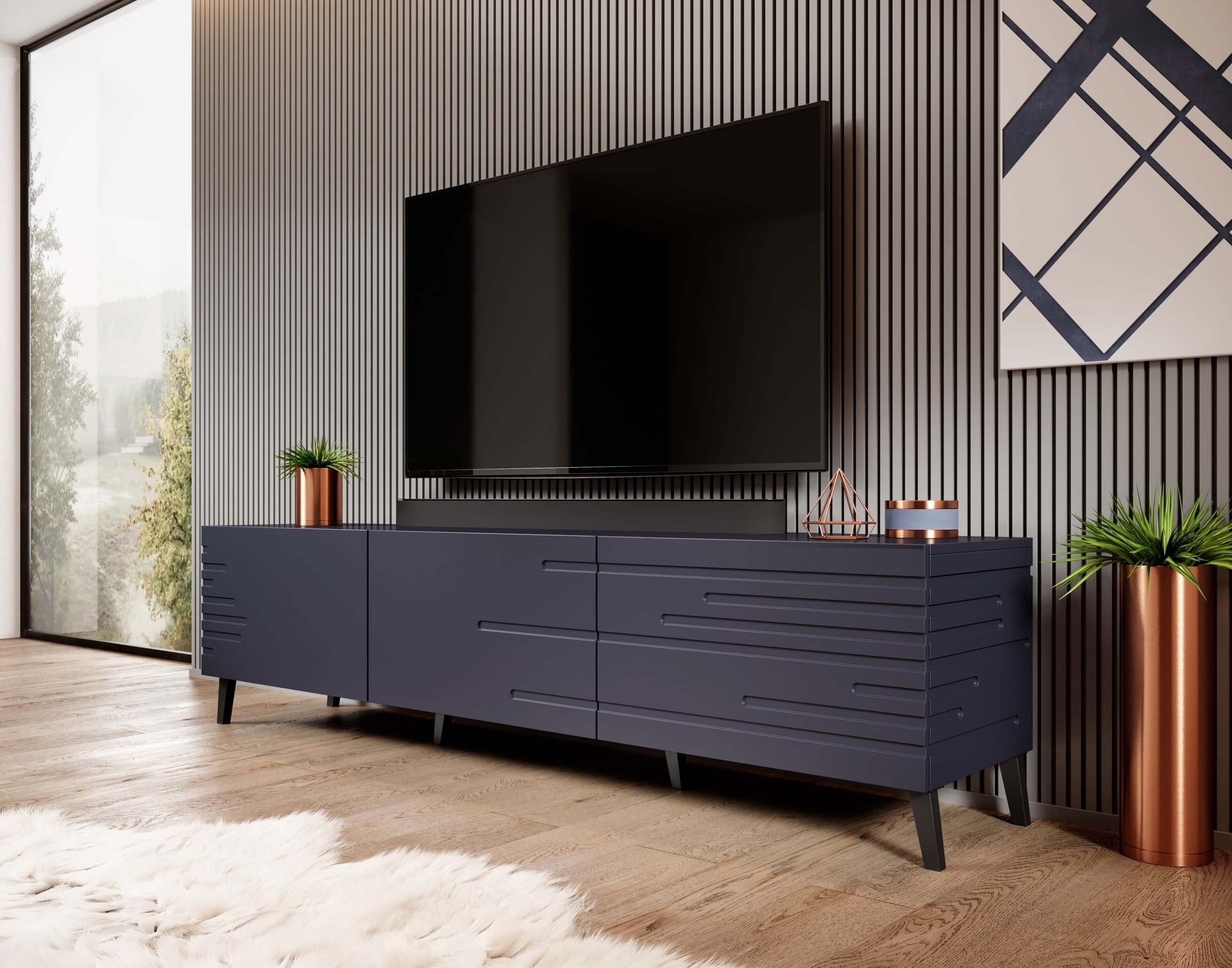 Furnix TV-Schrank NEVILLA Fernsehschrank mit dekorativen gefrästen Fronten Maße: B186 x H48 x T40 cm Nachtblau