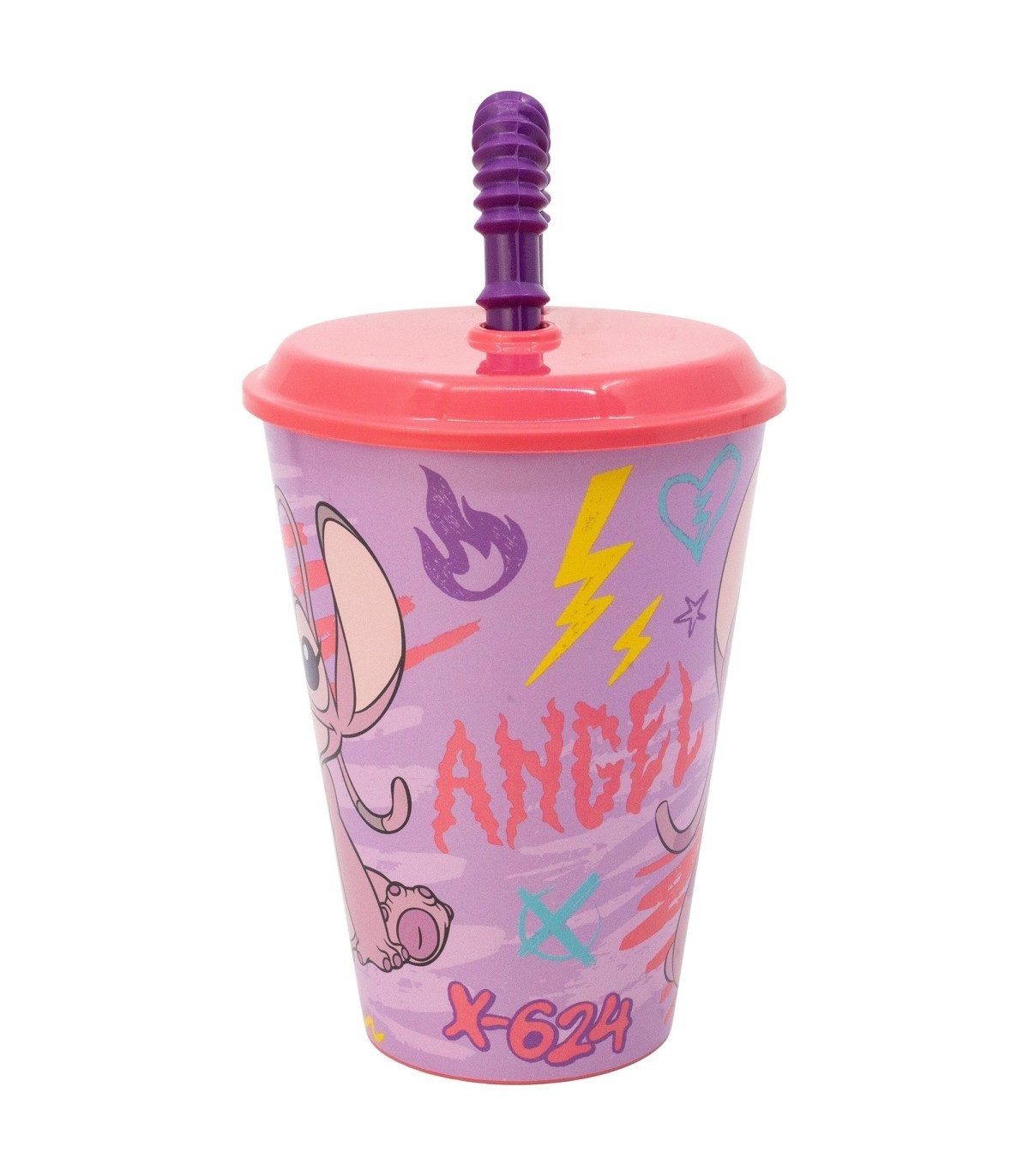 Disney Becher Stitch Angel Kinderbecher 430 ml Tumbler mit Deckel und Strohhalm