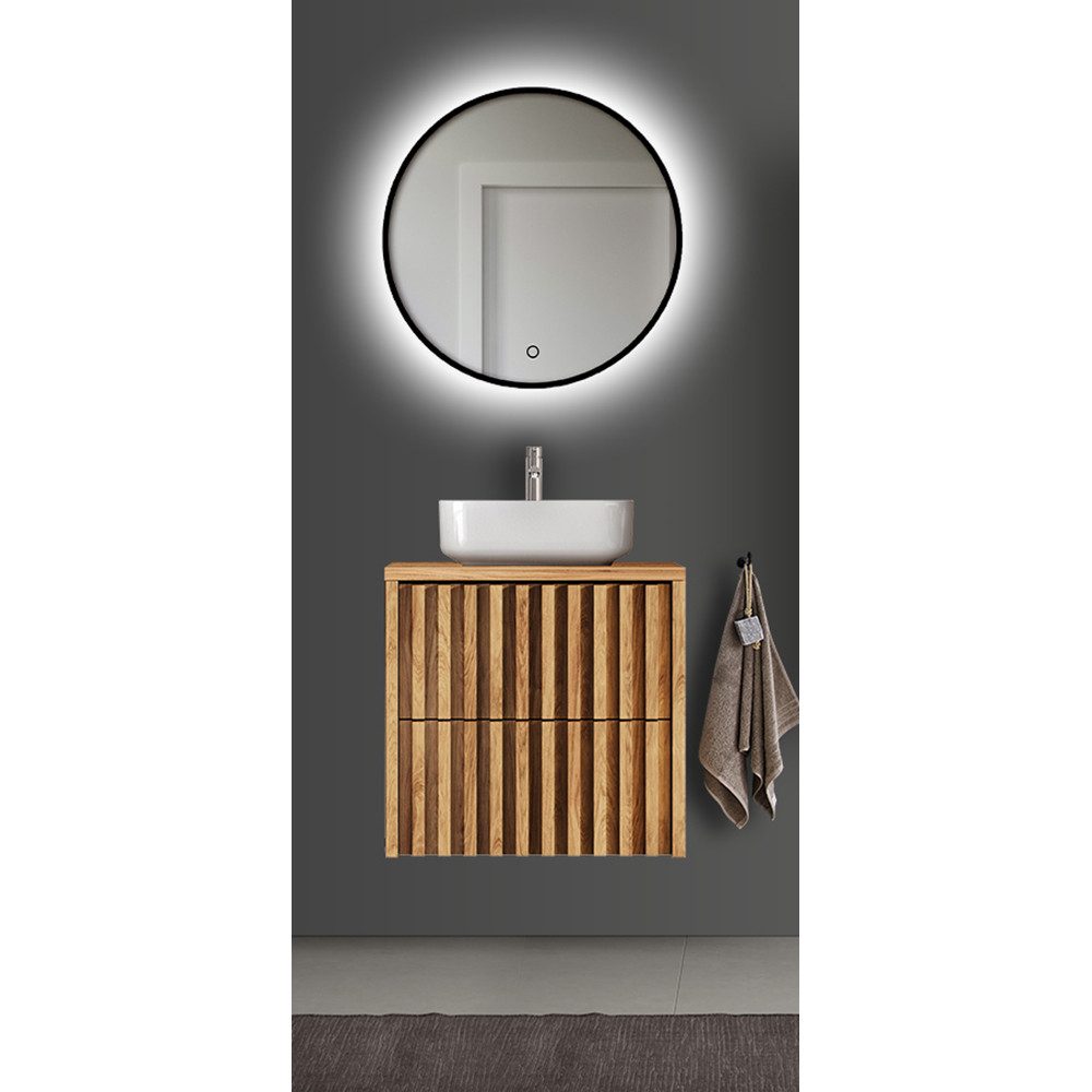 Lomadox Badmöbel-Set DESIO-107, (Spar-Set, 2-St., Waschtisch LED-Spiegel), in Eiche Nb. mit Lamellenfront, griffloses Design, Softclose