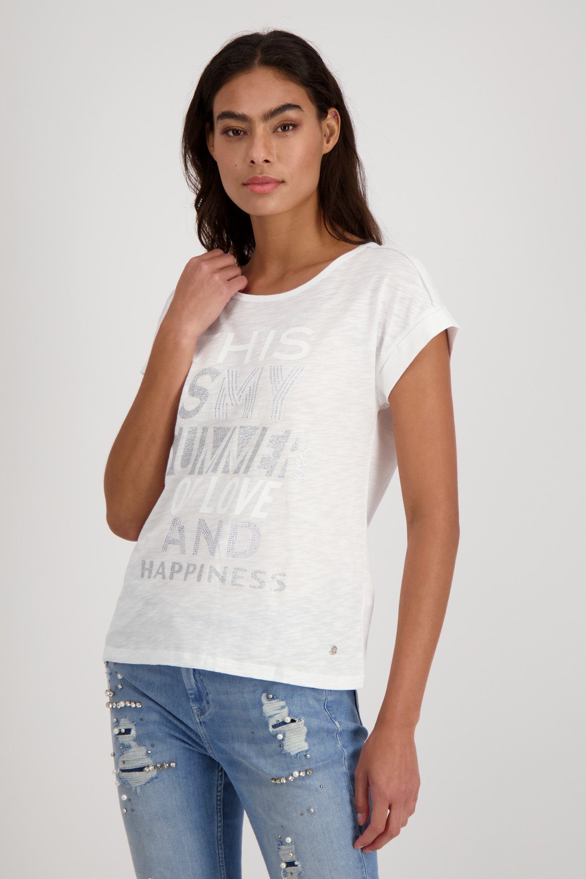 Monari T-Shirt mit Flammgarn Glitzerschrift Shirt weiss T