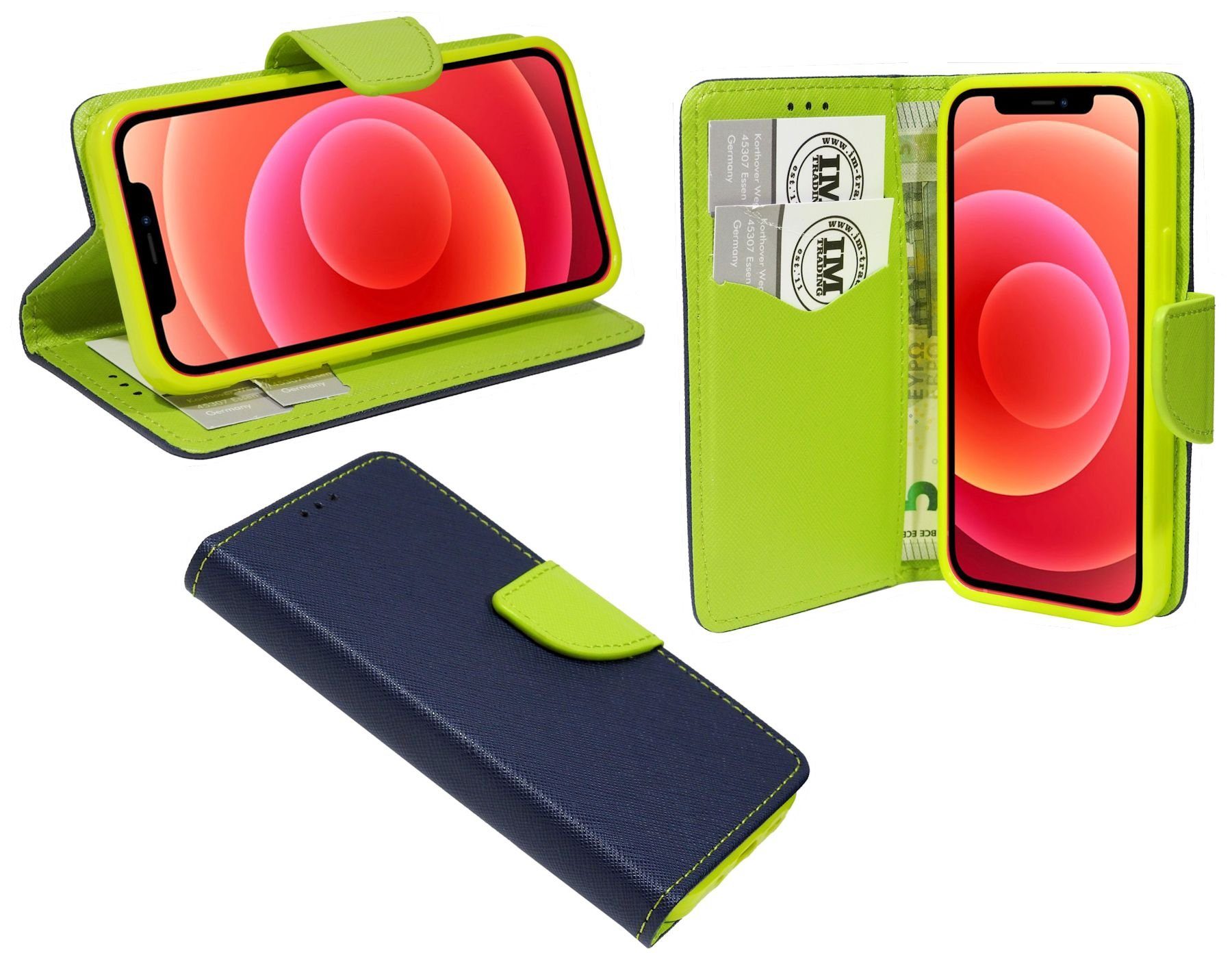 cofi1453 Handyhülle cofi1453® Buch Tasche "Fancy" für iPhone 12 Pro Handy Hülle Etui Brieftasche Schutzhülle mit Standfunktion, Kartenfach Blau-Grün