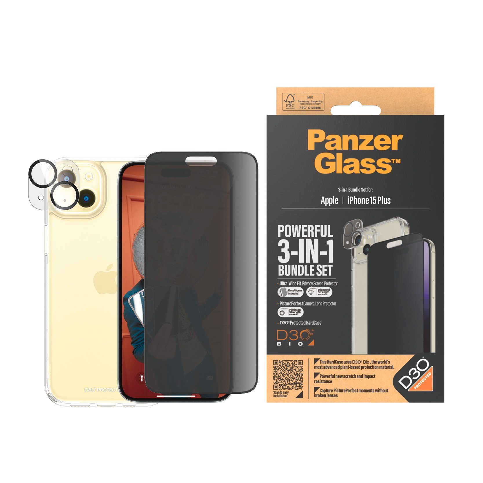 PanzerGlass Displayschutzglas 3-in-1-Privacy-Pack Privacy, Camera Protector und Cover für iPhone 15 Plus