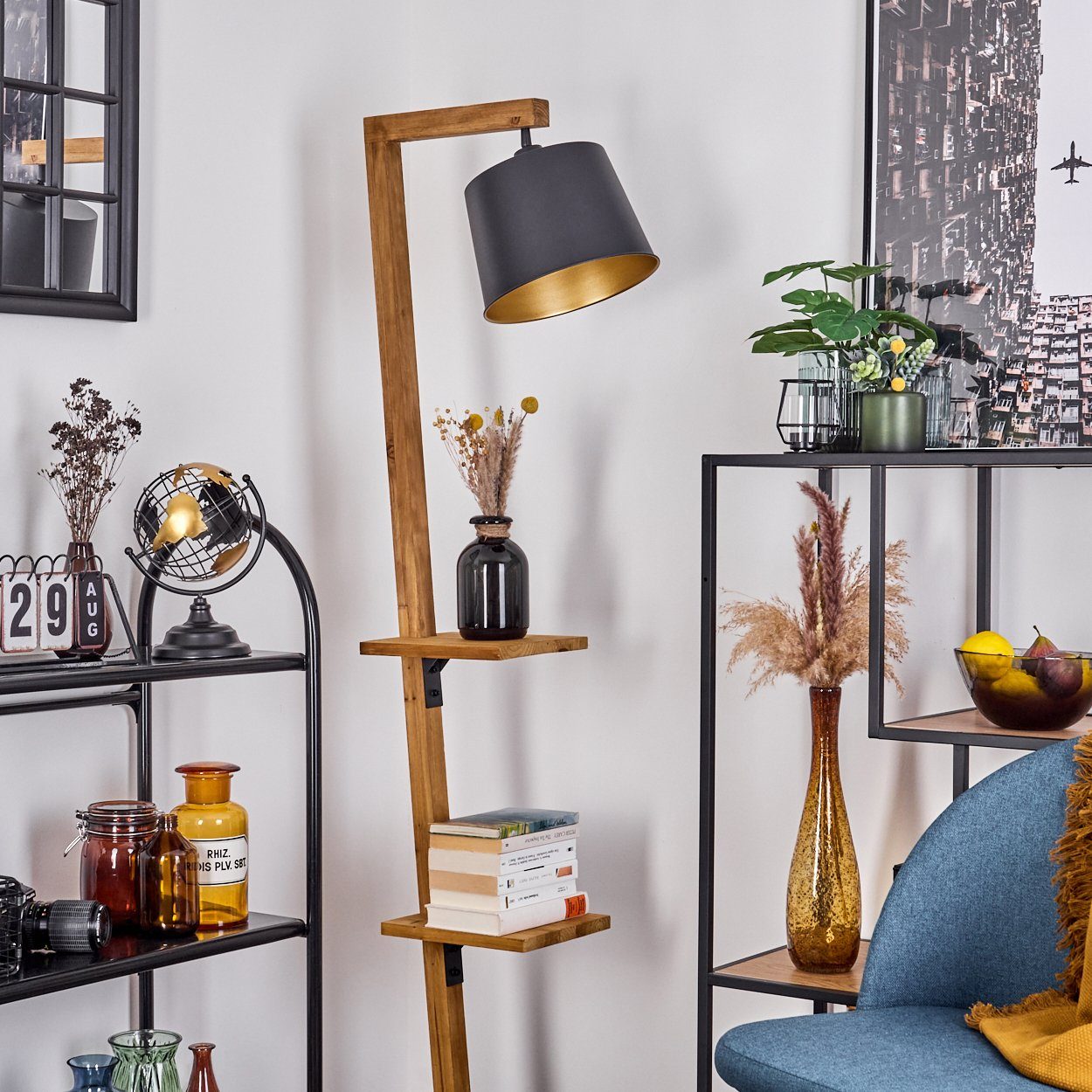 hofstein Stehlampe moderne Stehlampe aus Metall/Holz in Schwarz/Natur/Goldfarben, ohne Leuchtmittel, verstellbarer Schirm, Fußschalter, Ablageflächen, Höhe 164cm, 1x E27