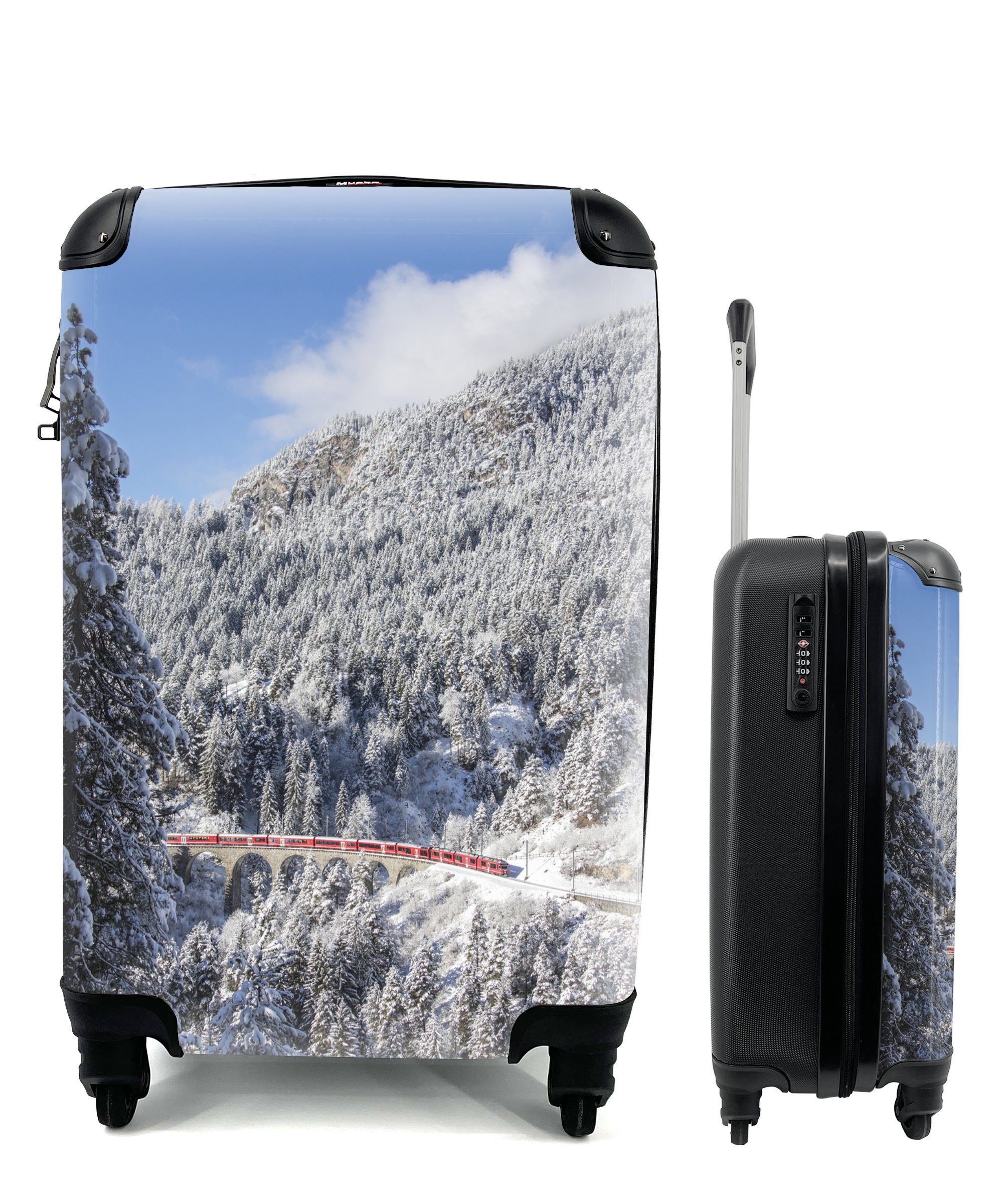 MuchoWow Handgepäckkoffer Mit dem Zug Ferien, Handgepäck Schweiz, rollen, Winterlandschaft durch der Reisekoffer für mit Rollen, Trolley, 4 die Reisetasche