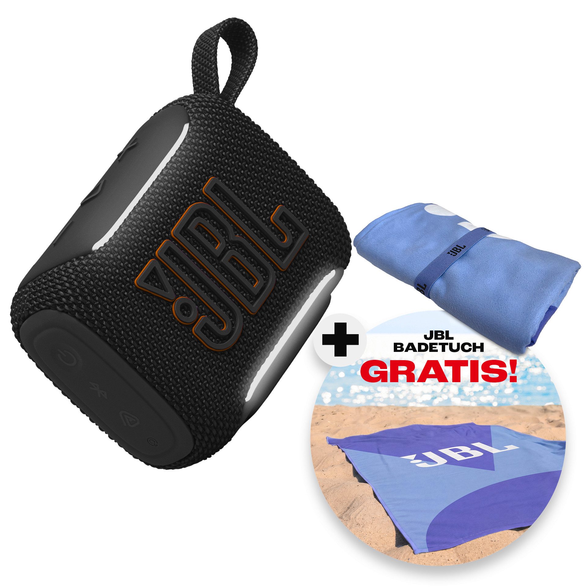 JBL Set: GO 5 + Strandtuch Bluetooth-Lautsprecher (A2DP Bluetooth, Bluetooth, AVRCP Bluetooth, 4,8 W, Kompakter, wasserdichter und stoßfester Lautsprecher mit Strandtuch)