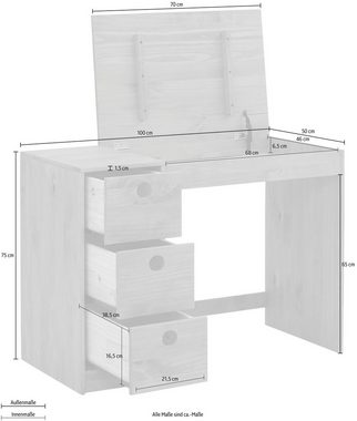 Lüttenhütt Kinderschreibtisch Alpi, Kiefernholz, Wangengestell, mit 3 Schubkästen, Tischbreite 100 cm