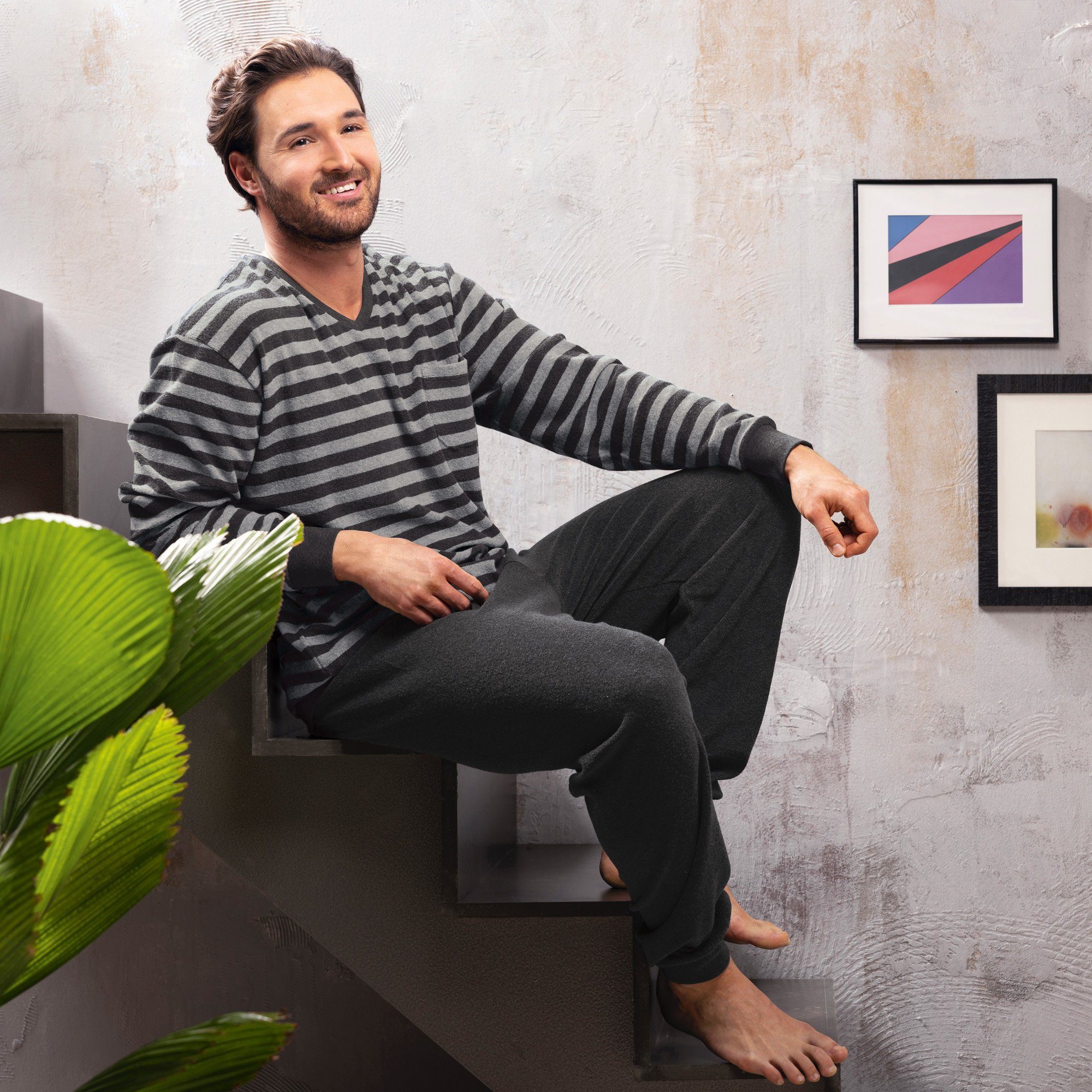 REDBEST Pyjama Herren-Schlafanzug Frottee Streifen