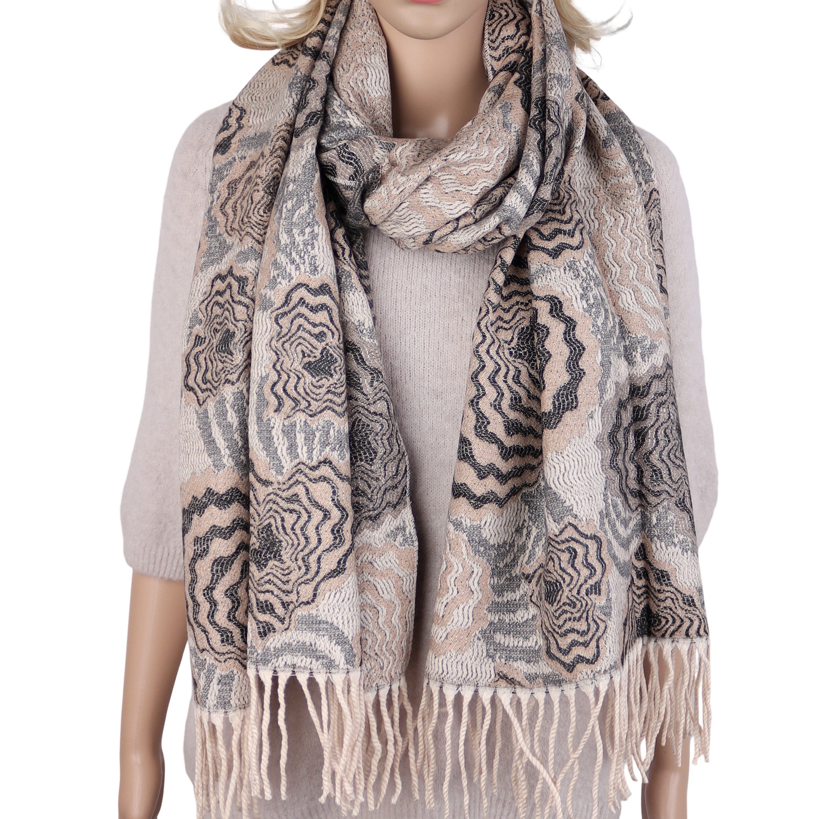 MIRROSI Modeschal weicher und warmer Schal Blumen Muster mit Fransen, 68x180cm, (Neue Kollektion Herbst/Winter 2026, Winterschal aus Viskose-Woll-Mix), Damen Halstuch ideal für Herbst und Winter