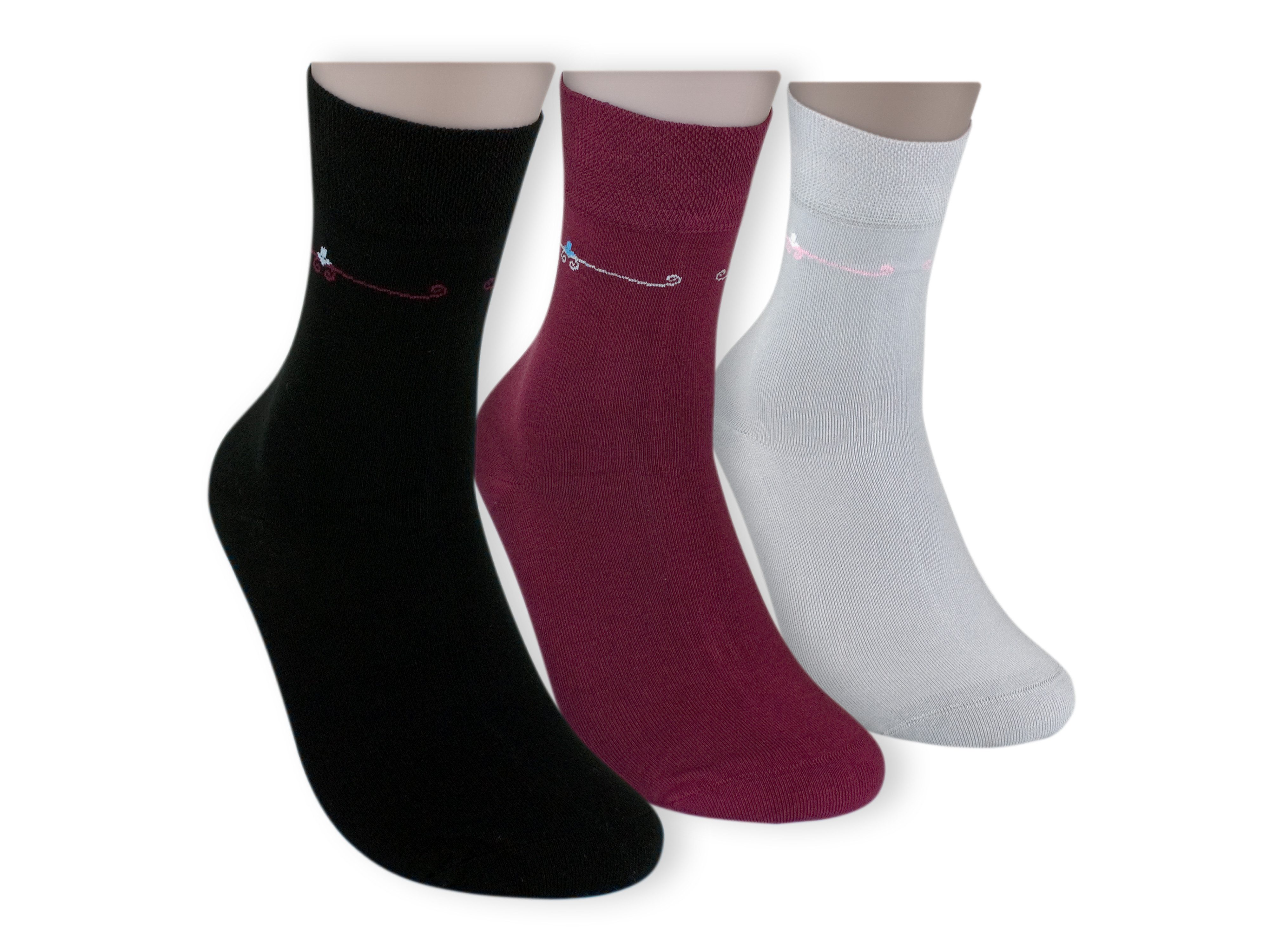 Die Sockenbude Komfortsocken RS-Strumpf PRINCESS (Bund, 3-Paar, extrafeine Maschenqualität) hellgrau bordeaux schwarz