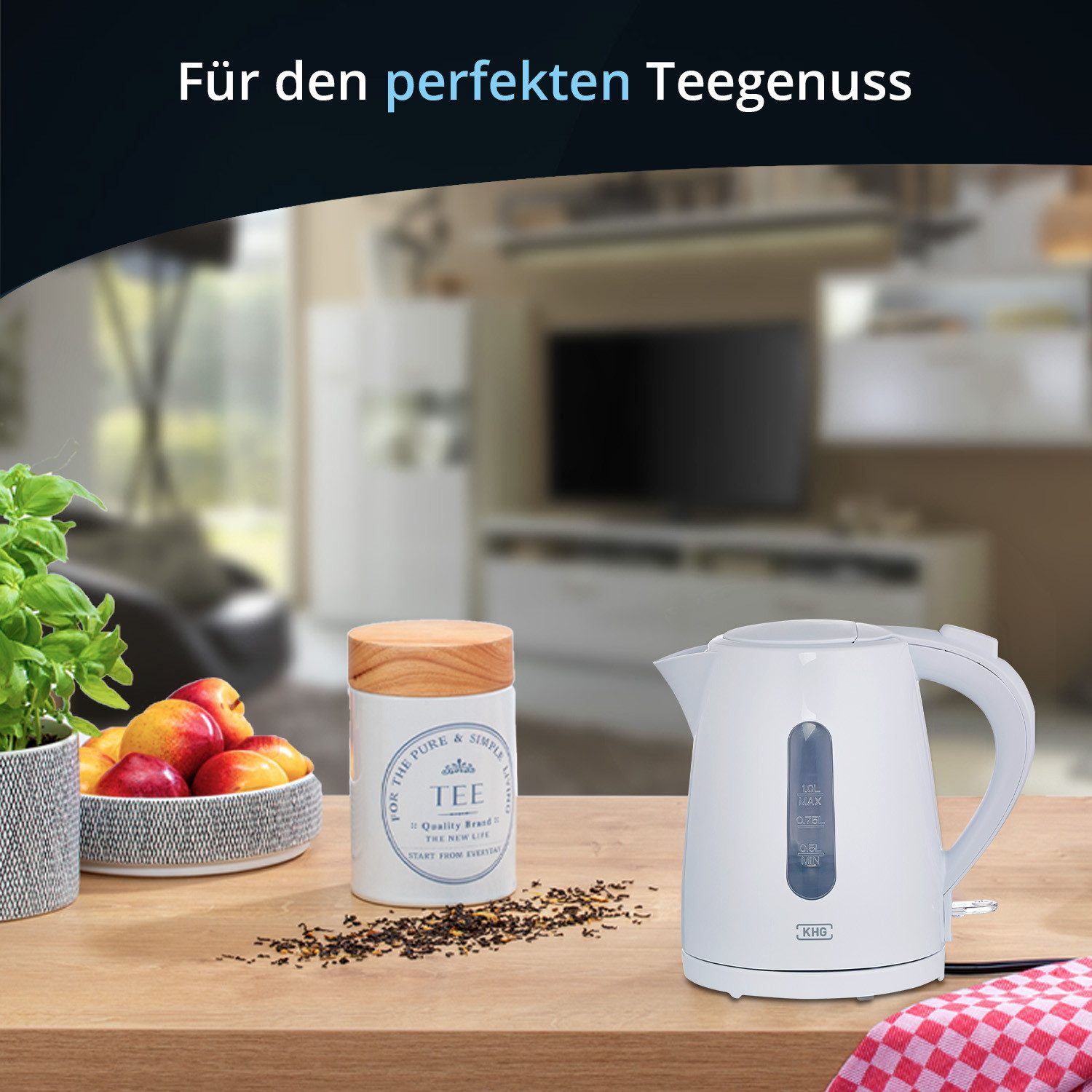 KHG Wasserkocher WK-100W aus Kunststoff weiß, 1 Liter Fassvermögen, Abschaltautomatik, 1 l