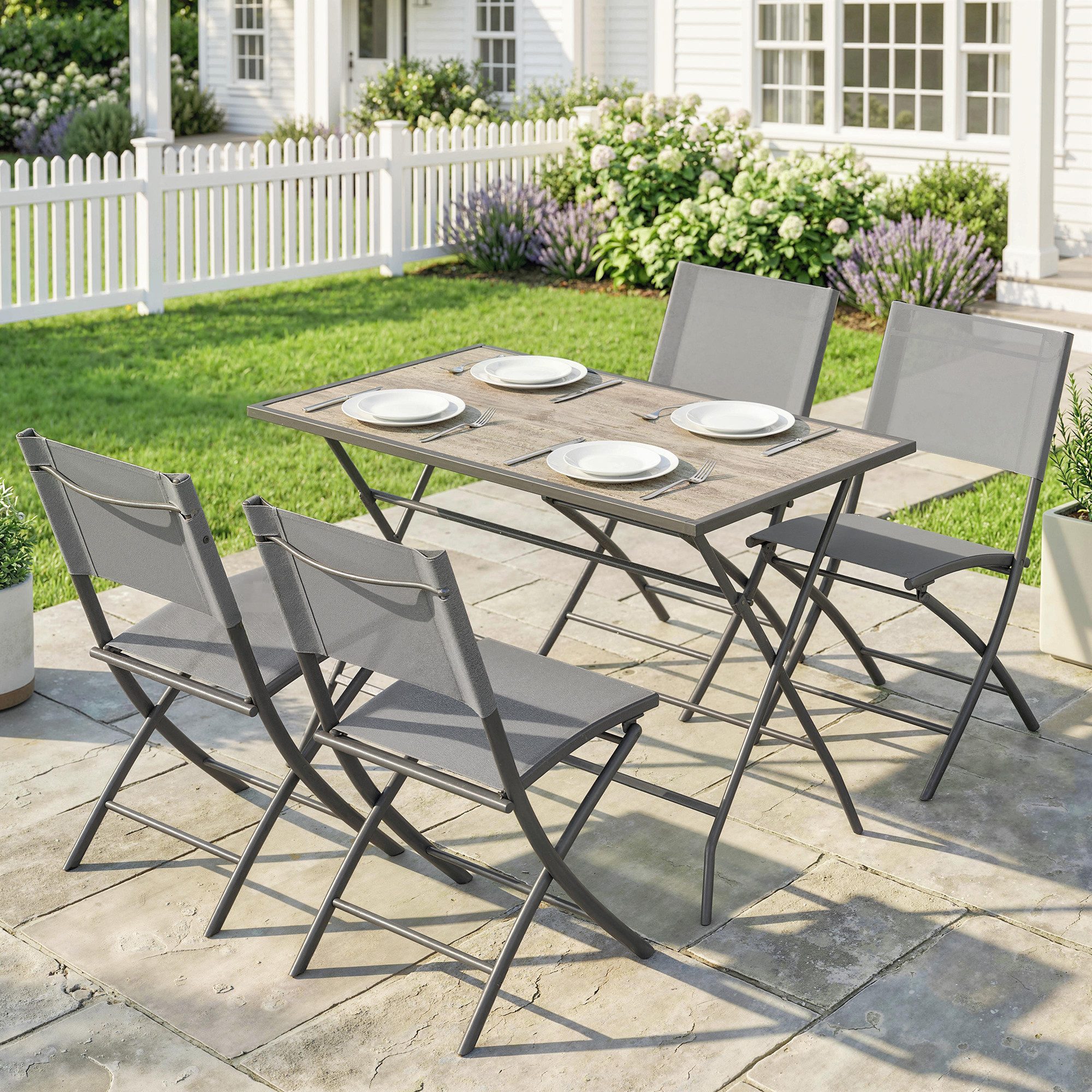 Outsunny Garten-Essgruppe Tisch mit 4 atmungsaktiven Stühlen, Holzoptik, Gartengarnitur, (Klappbar Sitzgruppe, 5-tlg., Gartenmöbel Set), für Garten Balkon Terrasse Grau