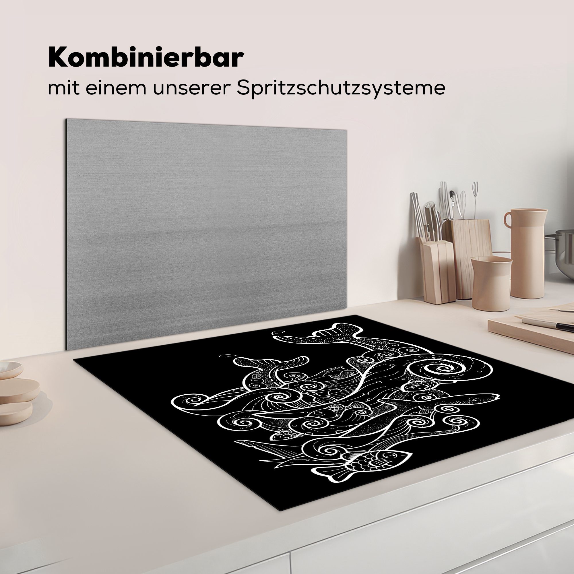 Arbeitsplatte von tlg), Vinyl, Herdblende-/Abdeckplatte 78x78 (1 Illustration Ceranfeldabdeckung, im für Anmutige cm, küche Walen Meer, MuchoWow