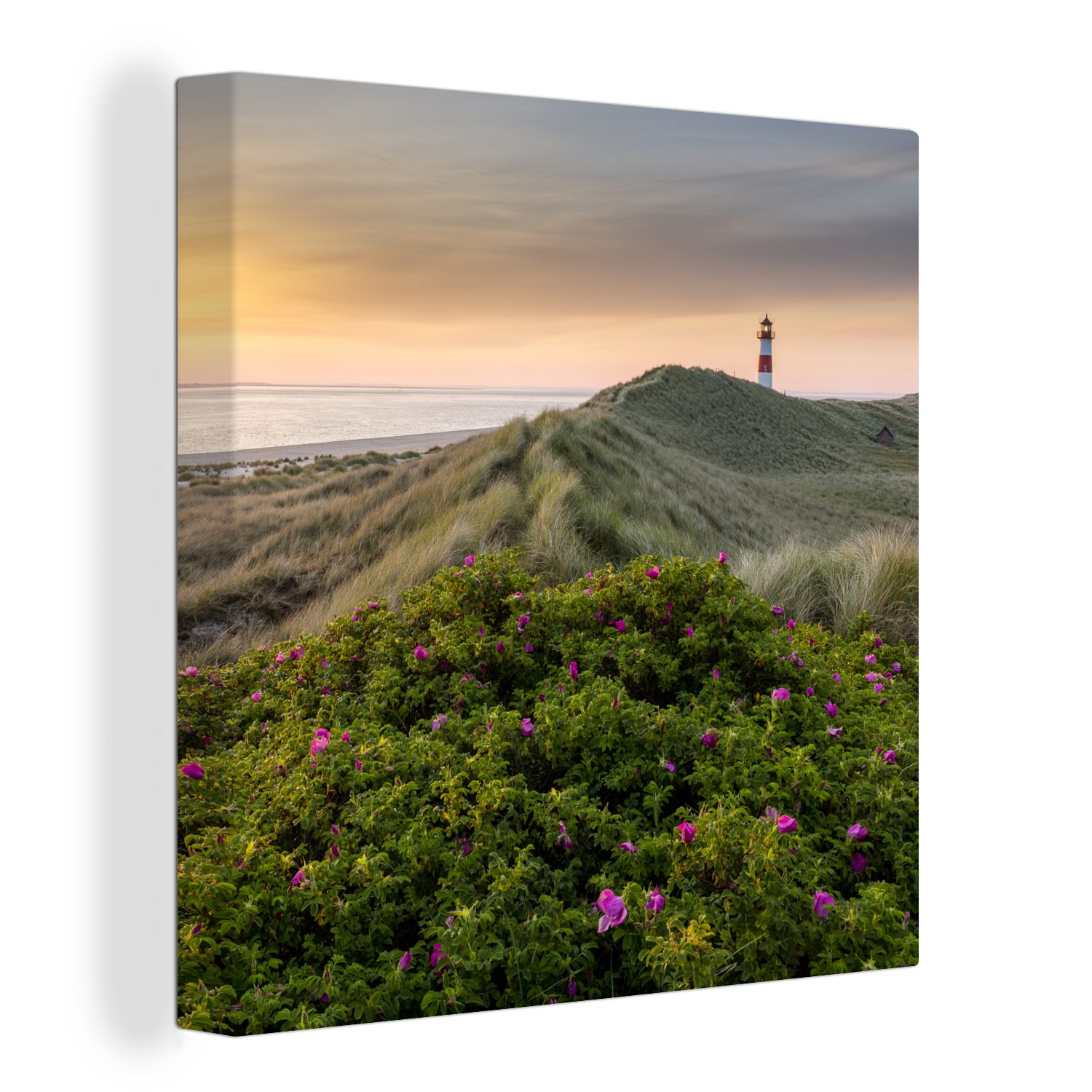OneMillionCanvasses® Leinwandbild Leuchtturm - Berg - Blumen - Wasser, (1 St), Leinwand Bilder für Wohnzimmer Schlafzimmer | Leinwandbilder
