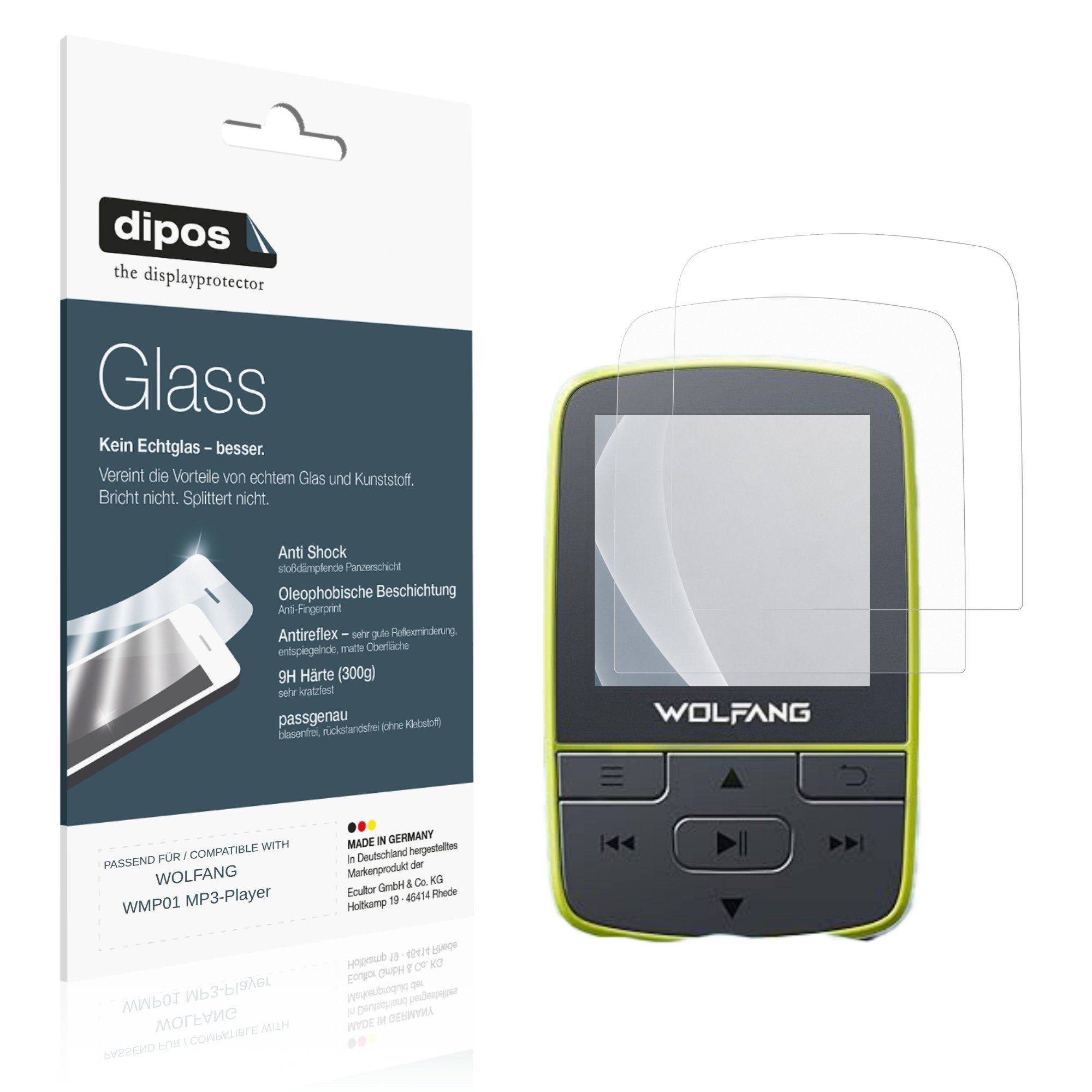dipos Displayschutzfolie Schutzfolie für WOLFANG WMP01 MP3-Player, 2 Stück, Displayschutz Schutz Folie Made in Germany