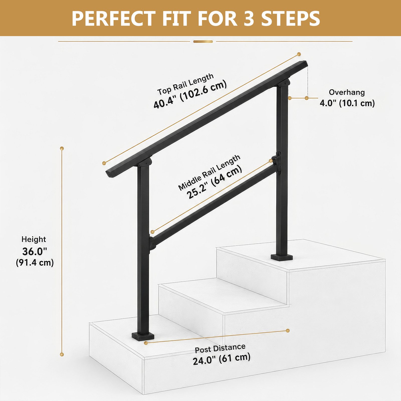 BlingBin Brüstungsgeländer Aussentreppenhandlauf, Geländer Hauseingang, Treppenhandlauf-Set, 95 cm Länge, 96 cm Höhe, Treppengeländer, seitlich montiert, 1-tlg., 1er Set, Außengeländer Treppengeländer für Innen/Außen, Inkl. Montagematerial