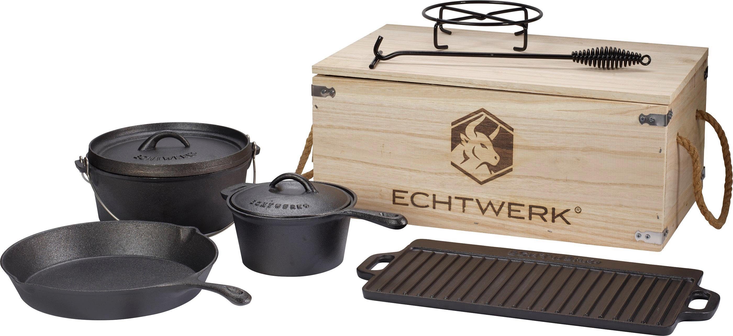 ECHTWERK Topf-Set Dutch Oven, Gusseisen (Set, 7-tlg., Kochtopf, Stieltopf, Pfanne, Grillplatte, Deckelheber, Untersetzer), Gusseisen BBQ Kochtopf-Set, Feuertopf, ofenfest, Holzkiste