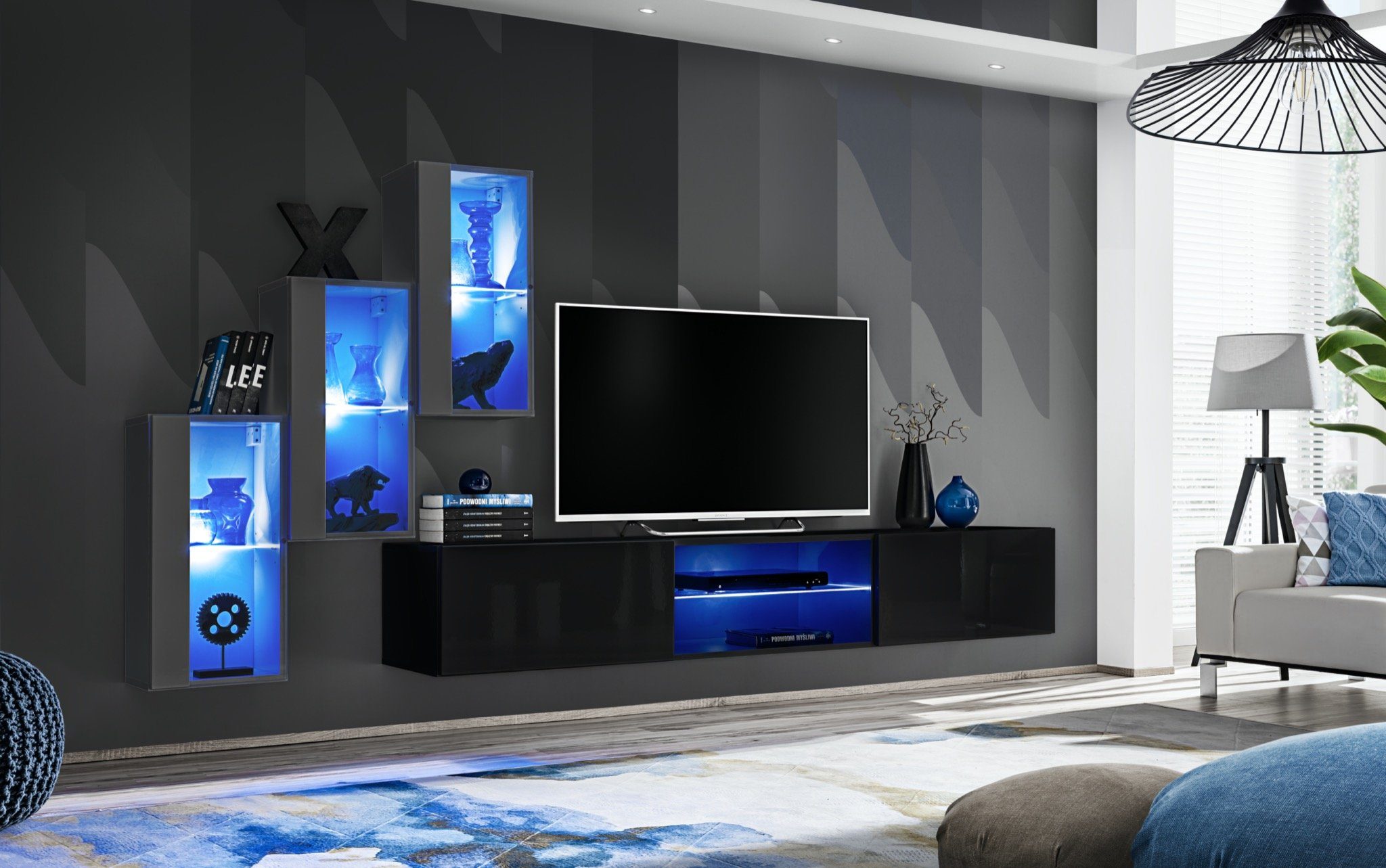 JVmoebel Wohnwand Luxus Wohnwand Wohnzimmermöbel Holz Wandschrank TV-Ständer, (4-St., TV Ständer + 3x Hänge Vitrine), LED beleuchtet