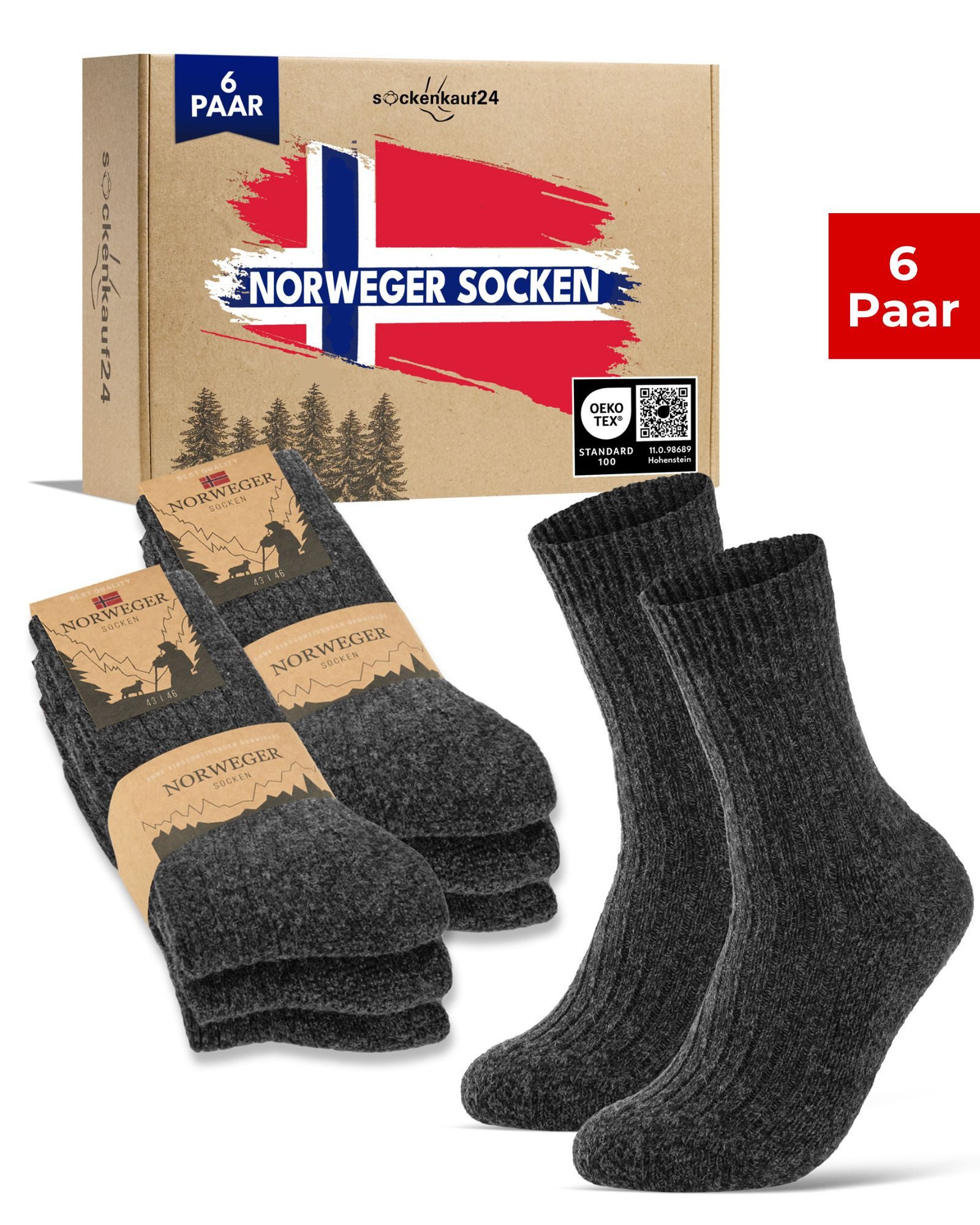 sockenkauf24 Norwegersocken Wintersocken warme Wollsocken Damen & Herren (Anthrazit, 6-Paar, 47-50) gepolsterte Frotteesohle - 20100