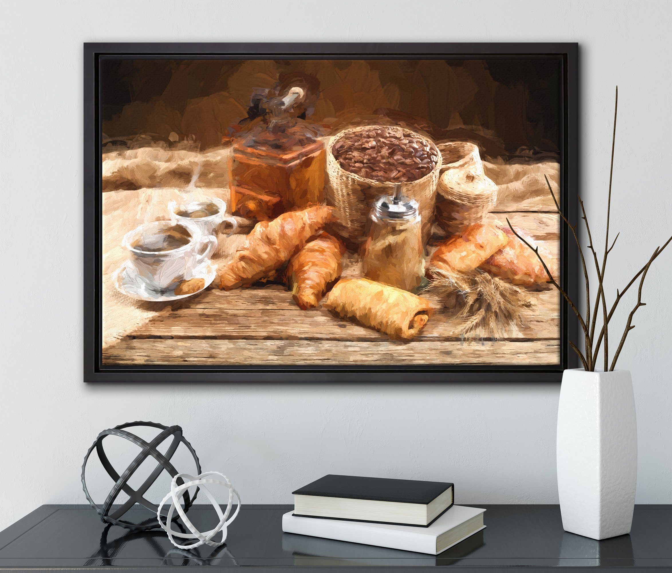 bespannt, Wanddekoration Leinwandbild Aromatischer St), einem Pixxprint in (1 fertig Schattenfugen-Bilderrahmen Kaffee Leinwandbild mit inkl. Croissant, gefasst, Zackenaufhänger