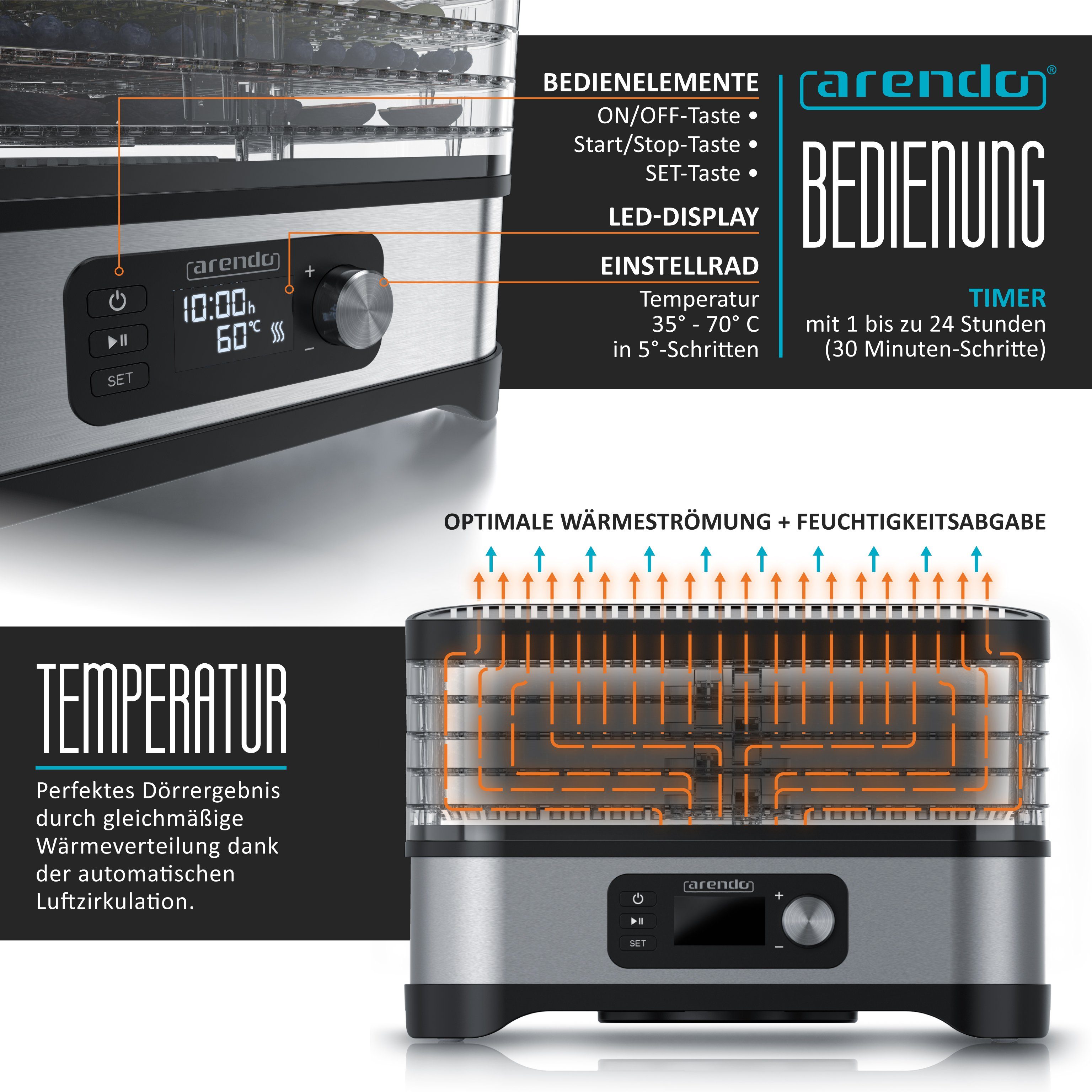 Arendo Dörrautomat mit Temperaturregler, 5 Etagen, 35-70°C, Edelstahl, Dörrgerät 400 W, 5 Etagen, Timer 24h, BPA-frei, für Fleisch/Obst/Gemüse, GS, 5 Einlegefäc – Bild 4 von 5