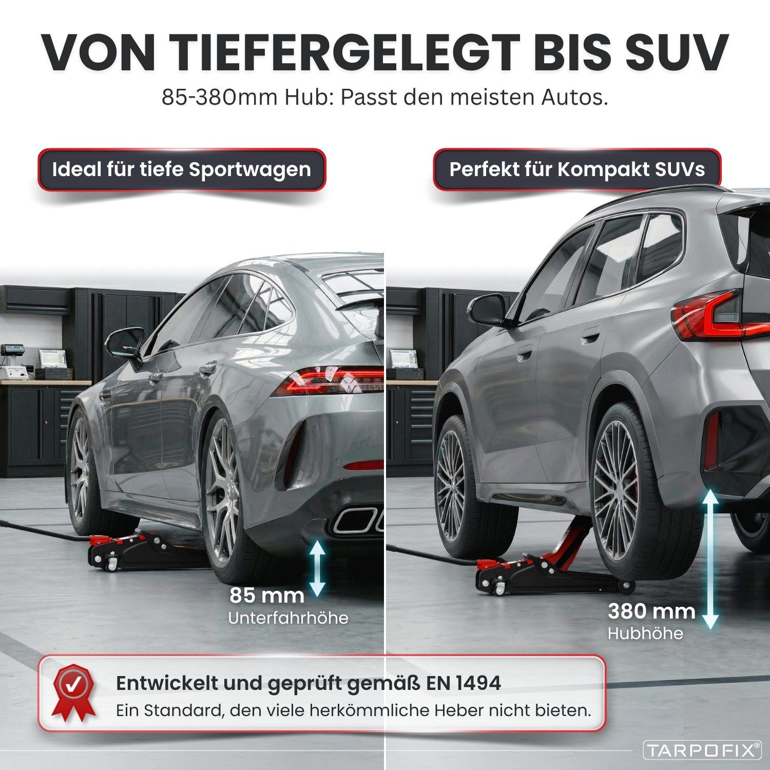 Tarpofix® Wagenheber Hydraulischer Wagenheber 2,5t flach für PKW SUV mit Zubehör, max. Hubhöhe: 38 cm, Rot: Flacher Auto Wagenheber 2,5t in Rot mit Zubehör